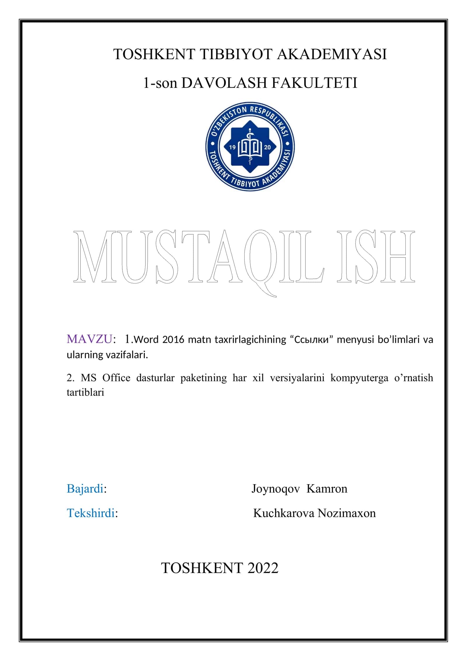 Word 2016 matn taxrirlagichining “Ссылки” menyusi bo’limlari va ularning vazifalari. MS Office dasturlar paketining har xil versiyalarini kompyuterga o’rnatish tartiblari