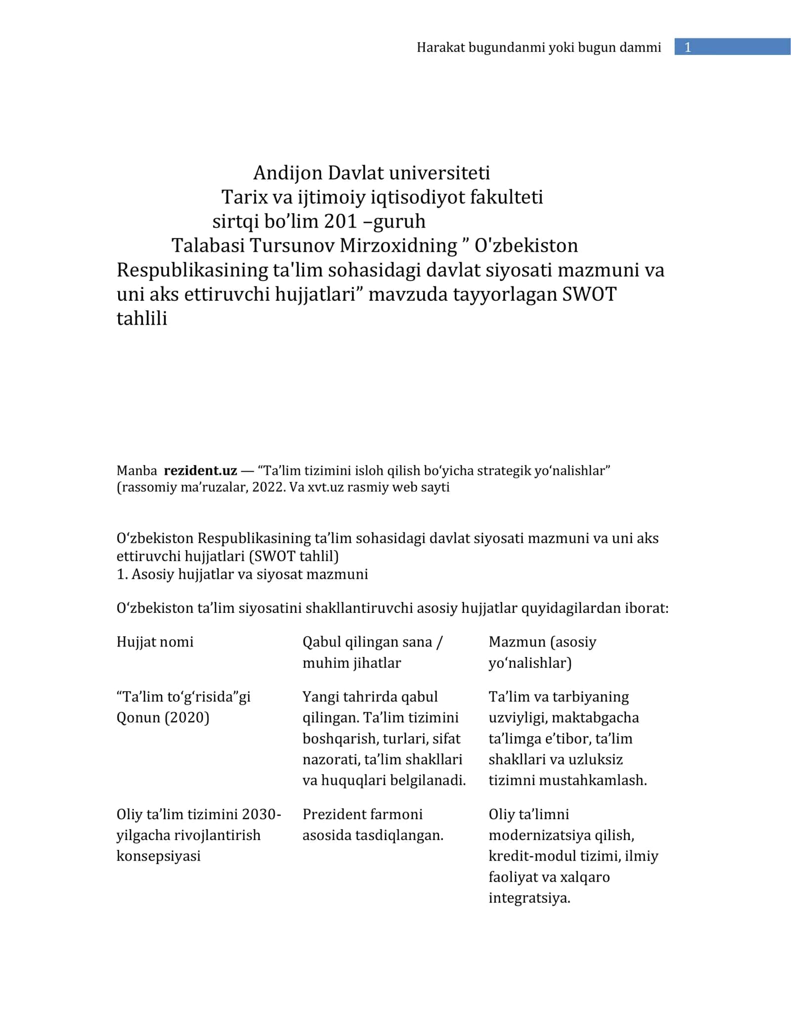 O‘zbekiston Respublikasining ta’lim sohasidagi davlat siyosati mazmuni va uni aks ettiruvchi hujjatlari (SWOT tahlil)