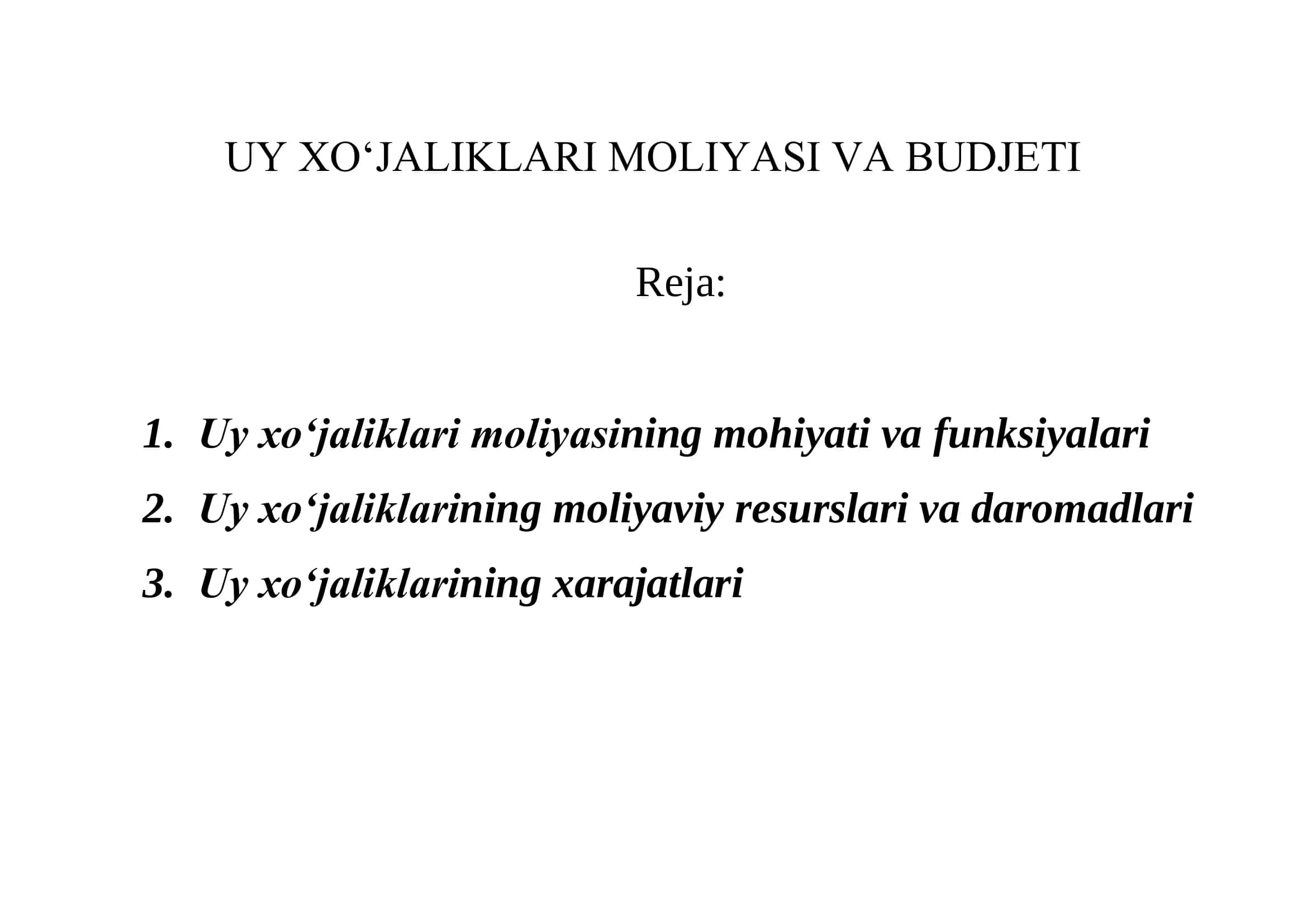 UY XO‘JALIKLARI MOLIYASI VA BUDJETI