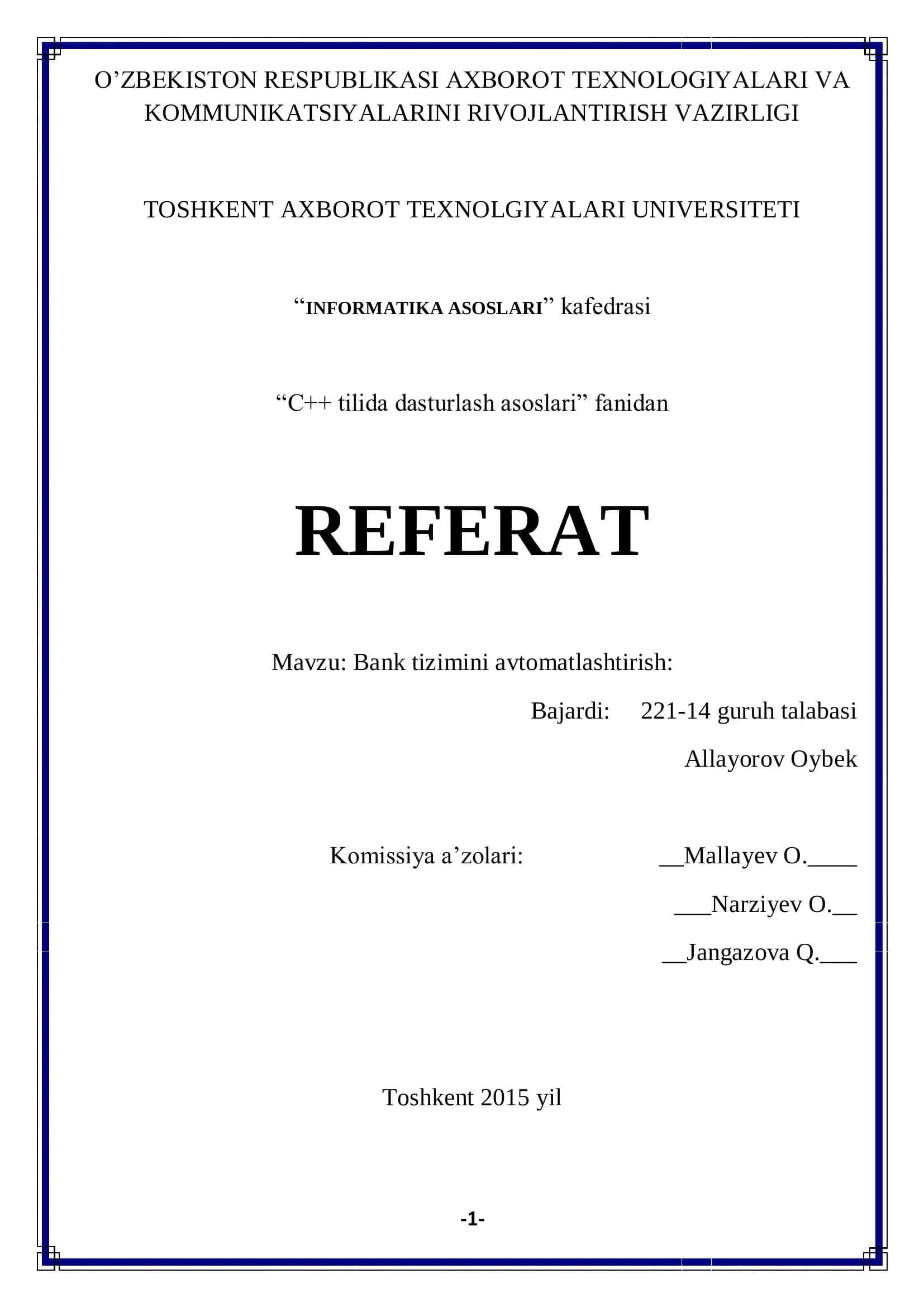 Bank tizimini avtomatlashtirish