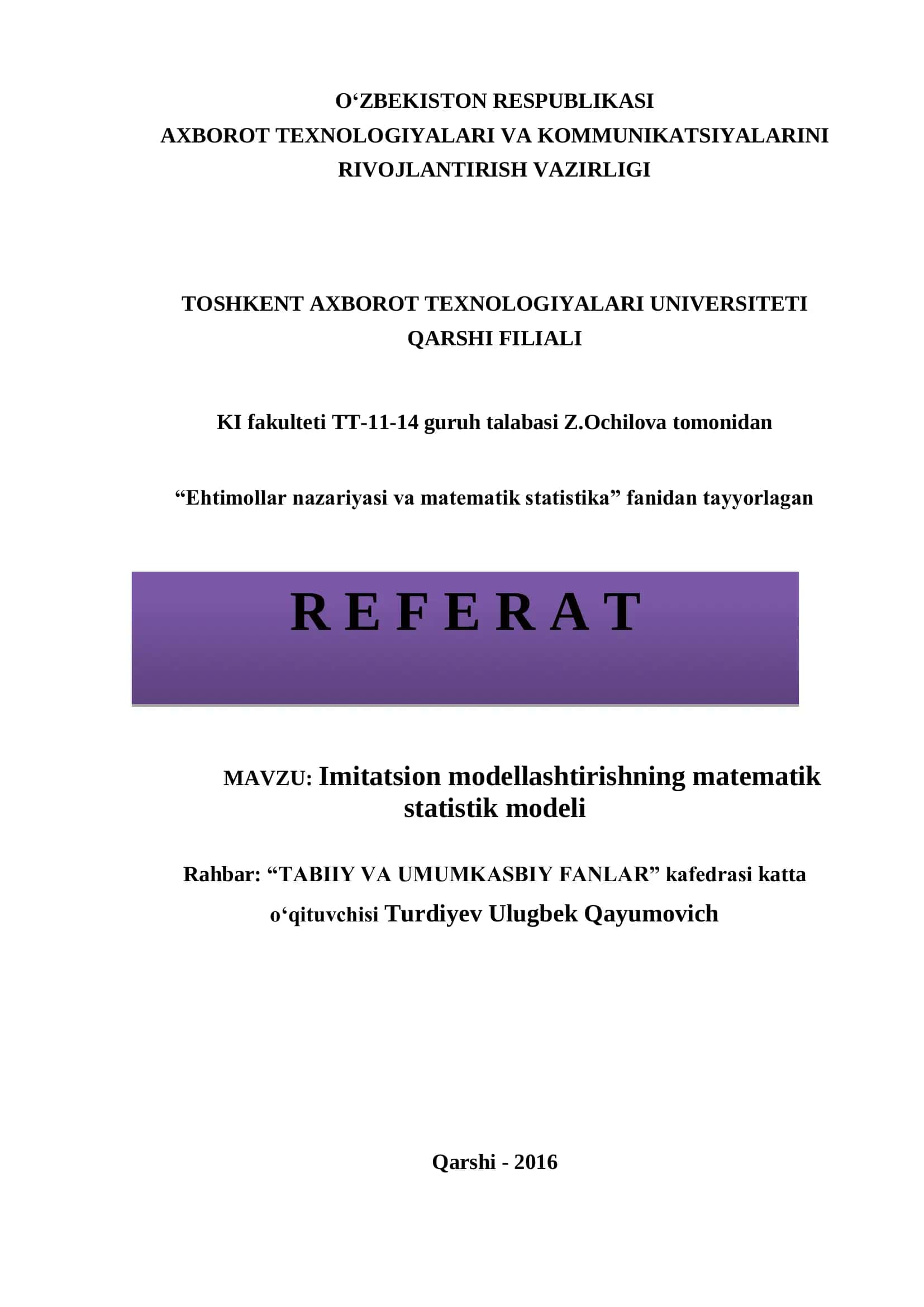 Imitatsion modellashtirishning matematik statistika modeli