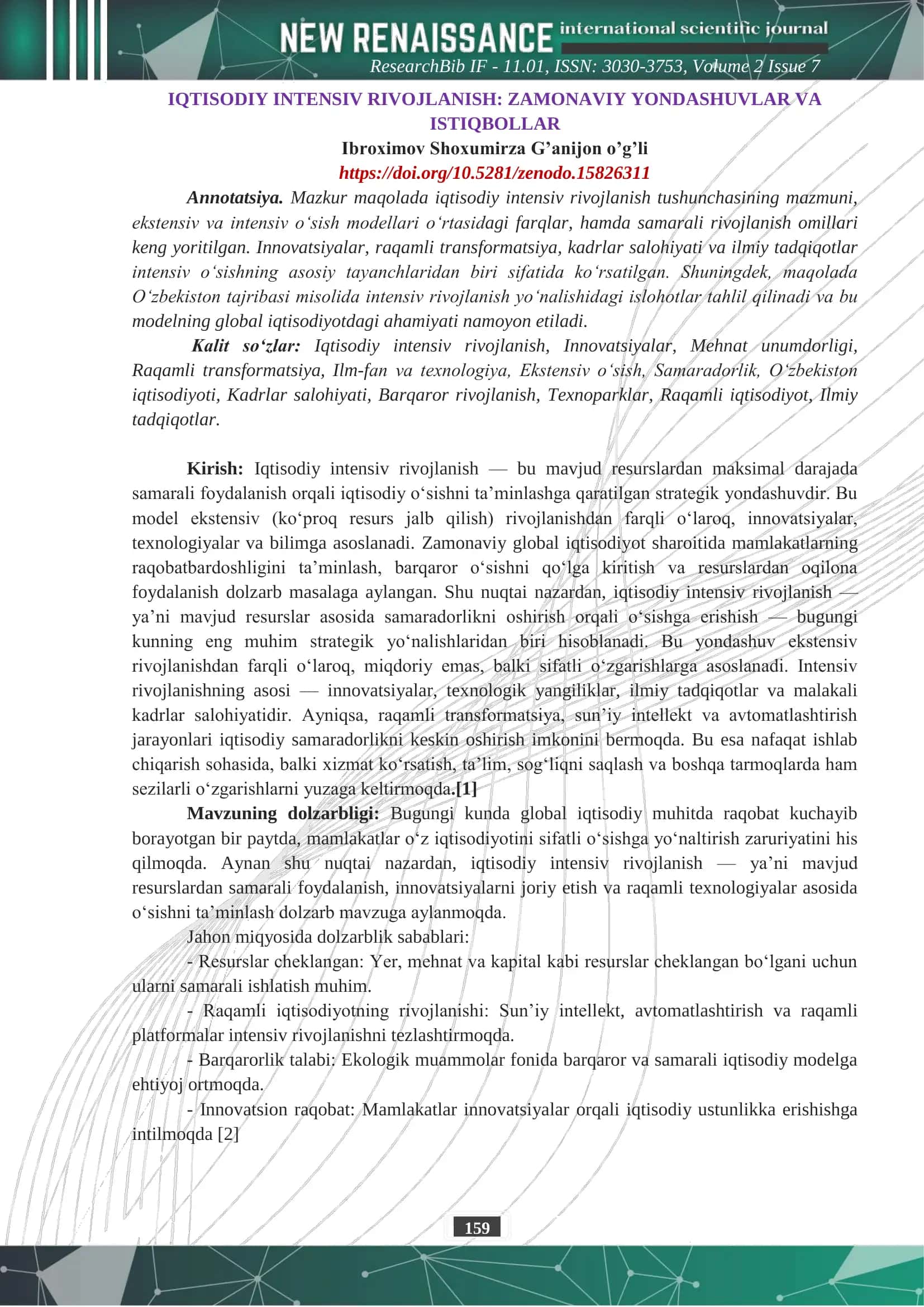 IQTISODIY INTENSIV RIVOJLANISH: ZAMONAVIY YONDASHUVLAR VA ISTIQBOLLAR