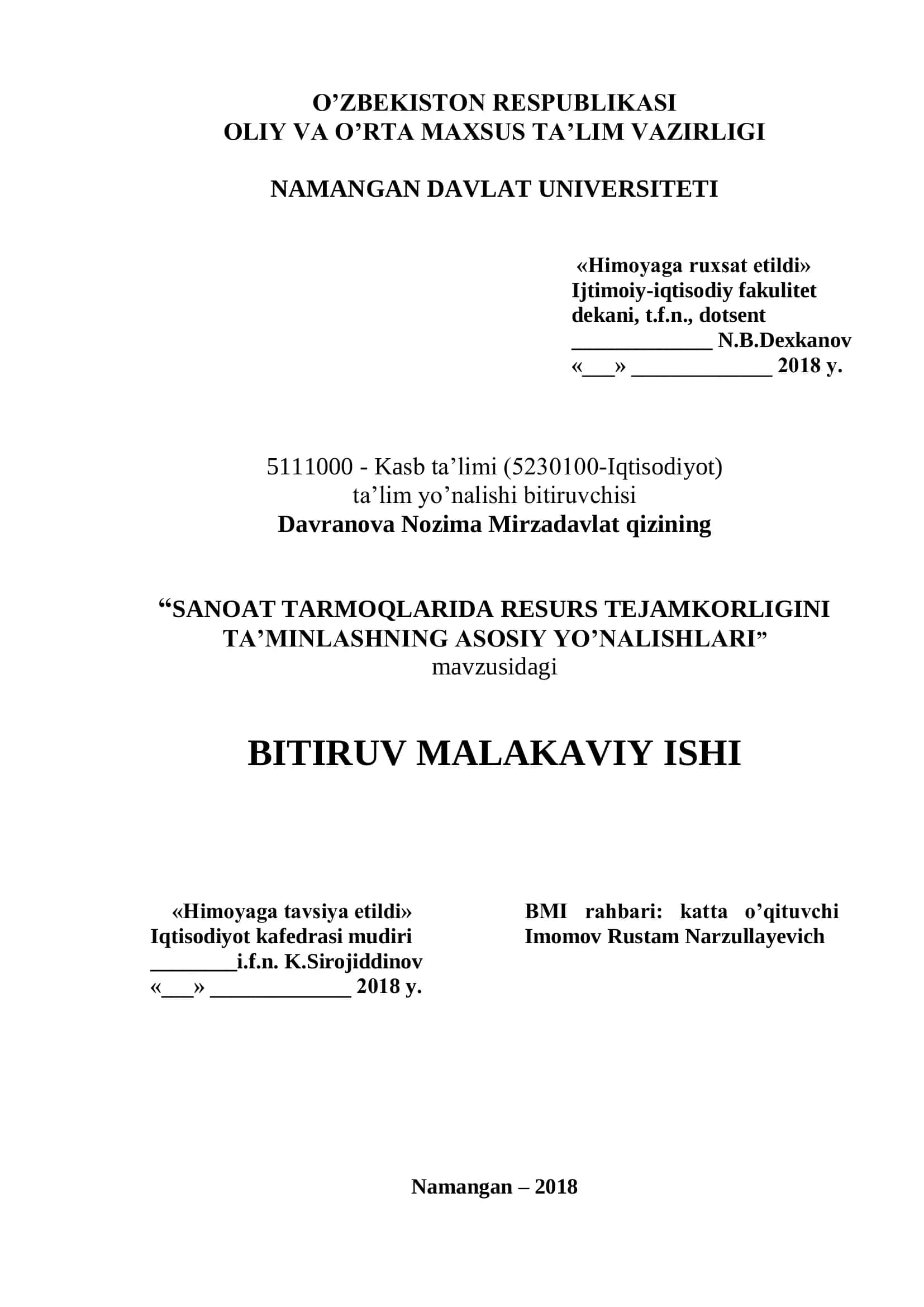 SANOAT TARMOQLARIDA RESURS TEJAMKORLIGINI TA’MINLASHNING ASOSIY YO’NALISHLARI
