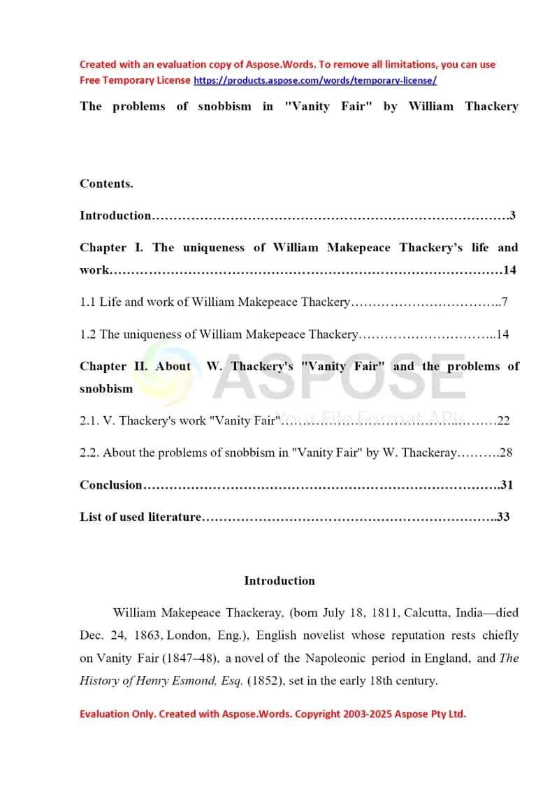 The problems of snobbism in "Vanity Fair" by William Thackery
