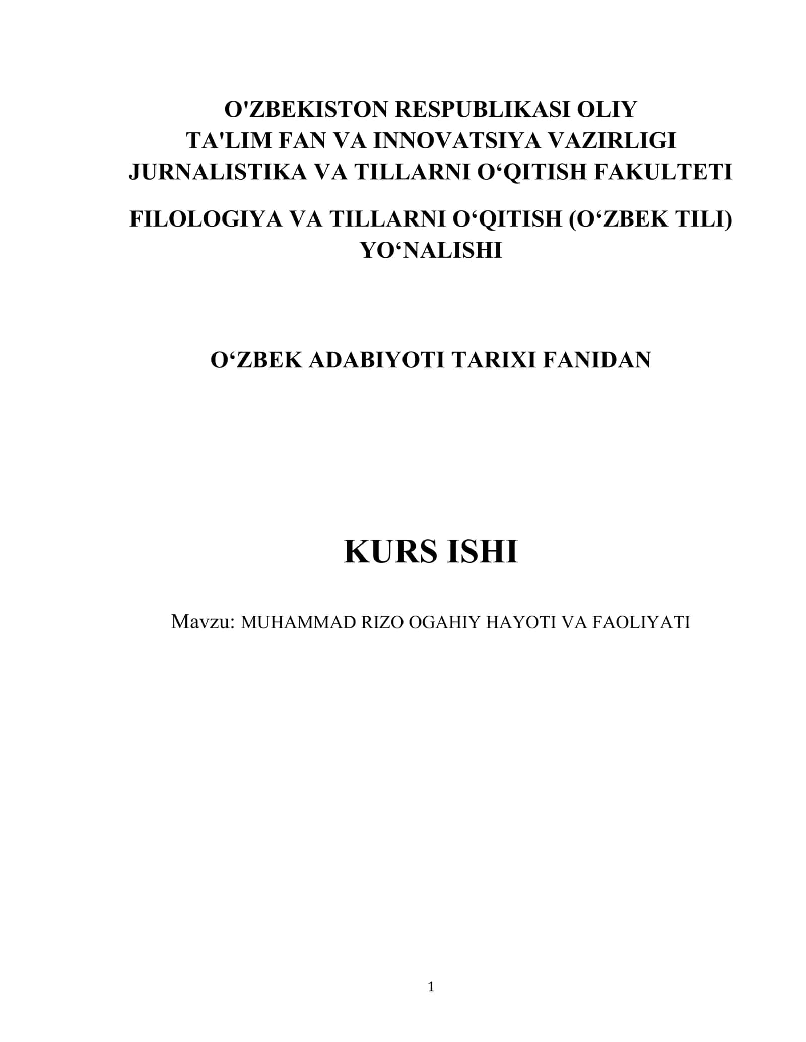 MUHAMMAD RIZO OGAHIY HAYOTI VA FAOLIYATI