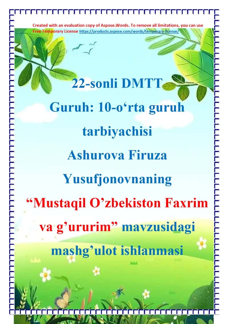 Mustaqil O’zbekiston Faxrim va g’ururim mashg'ulot ishanma