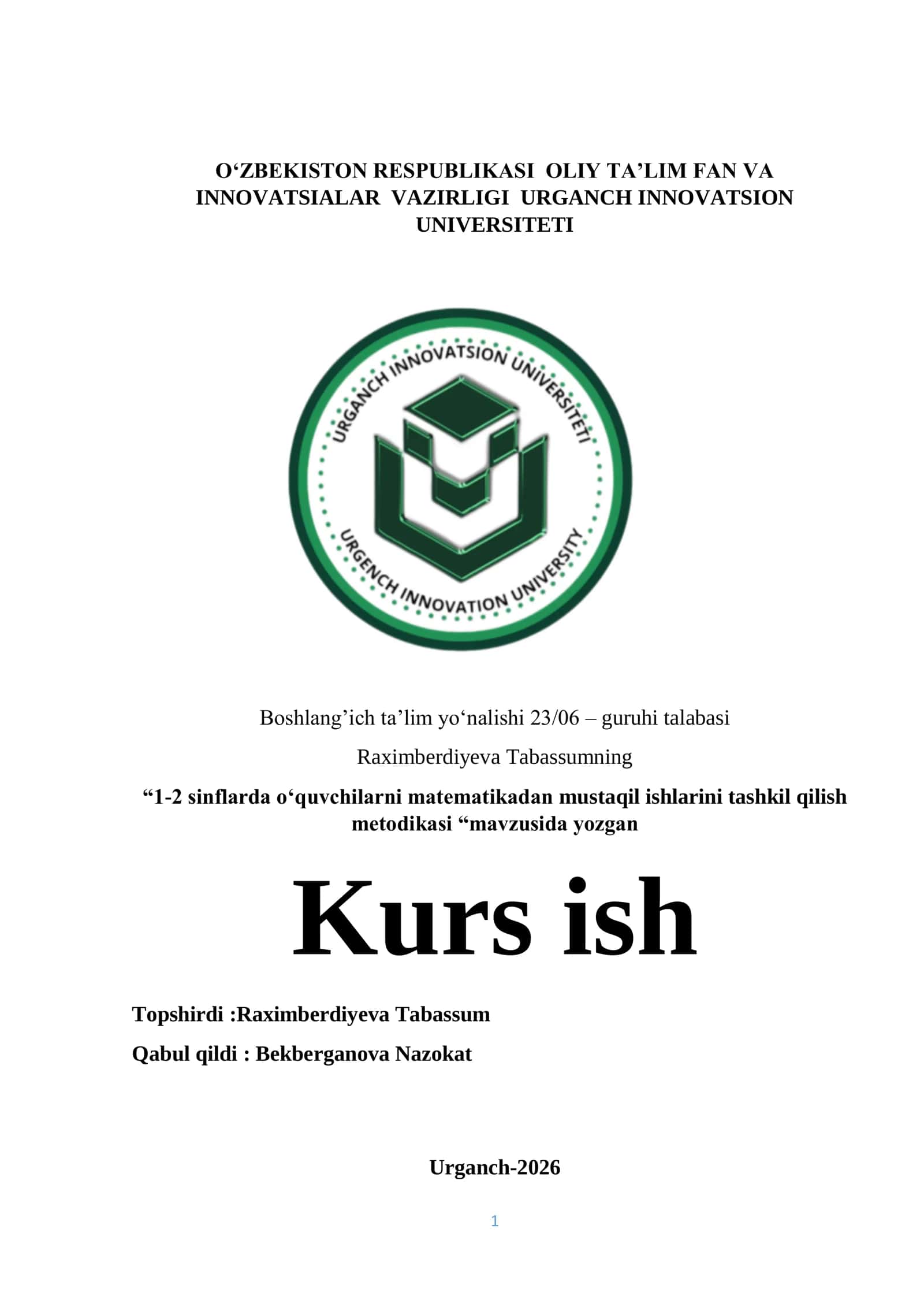 1-2 sinflarda o‘quvchilarni matematikadan mustaqil ishlarini tashkil qilish