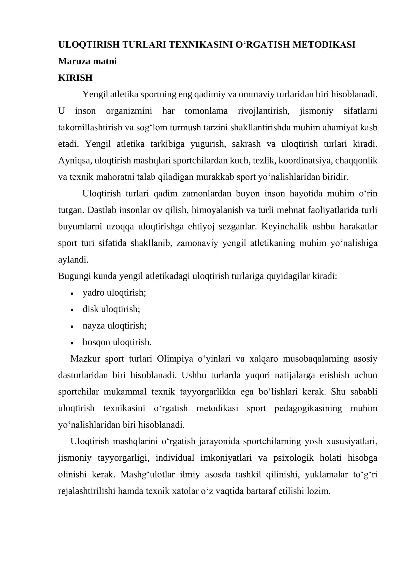 ULOQTIRISH TURLARI TEXNIKASINI O‘RGATISH METODIKASI
