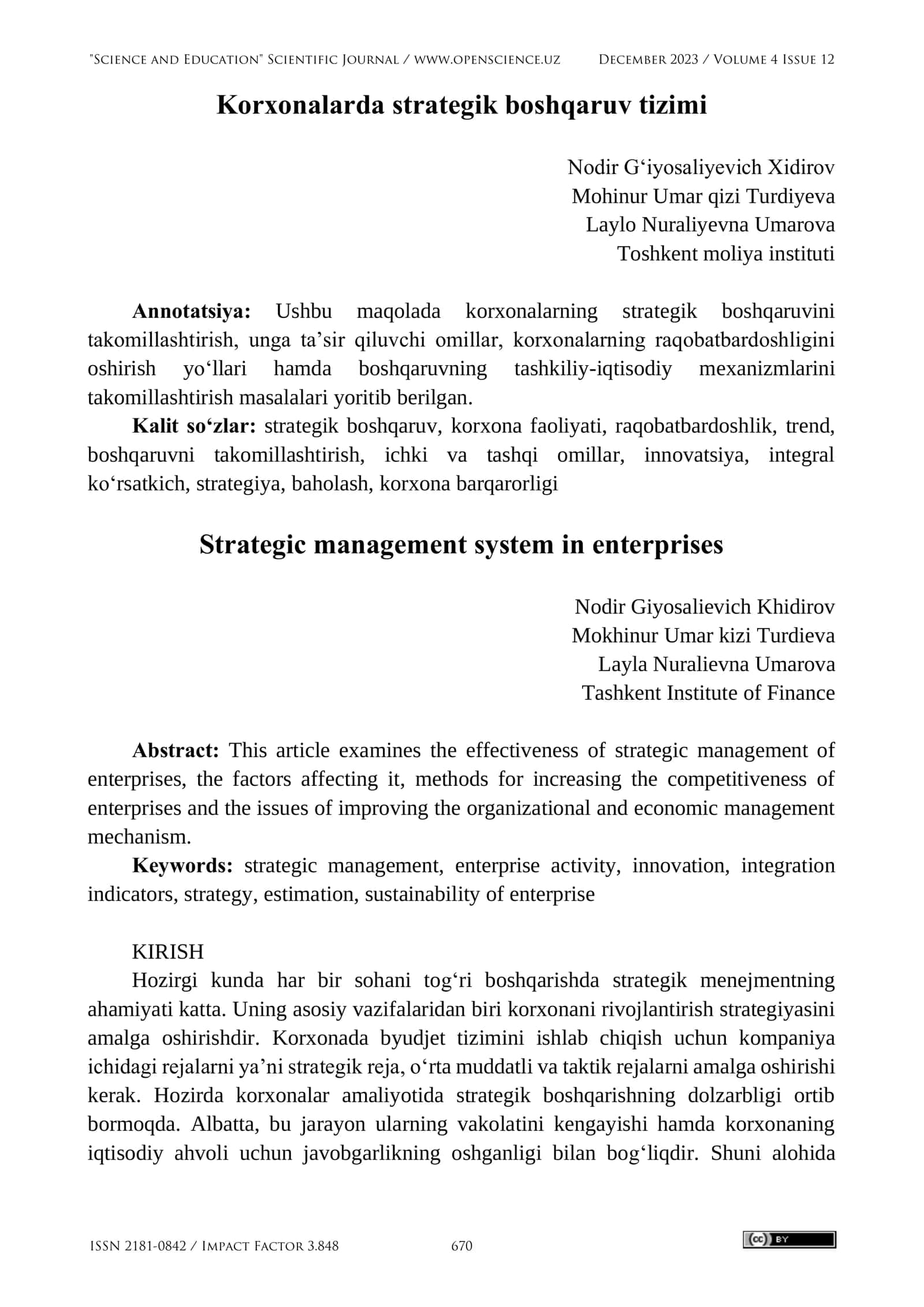 Korxonalarda strategik boshqaruv tizimi