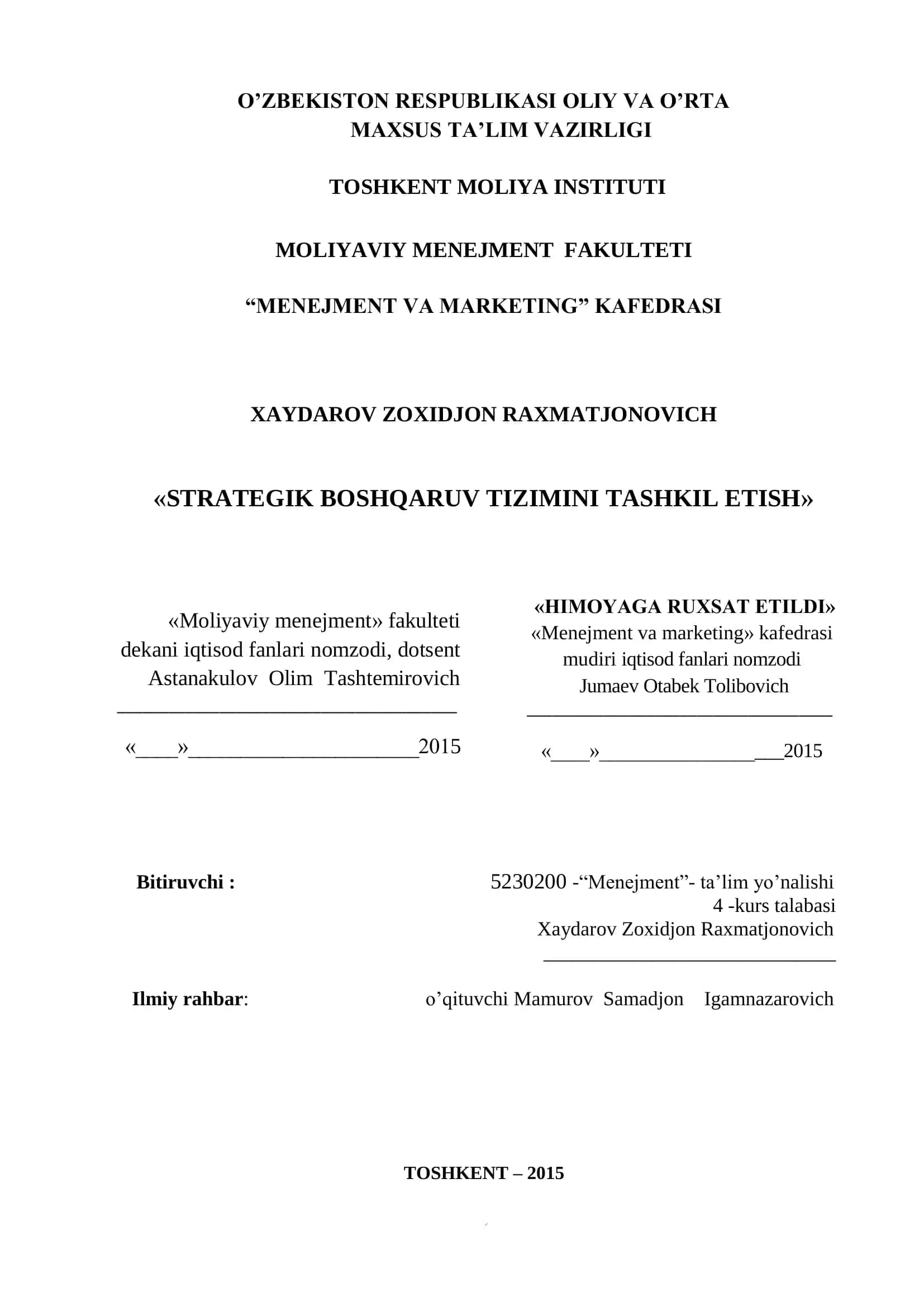 STRATEGIK BOSHQARUV TIZIMINI TASHKIL ETISH