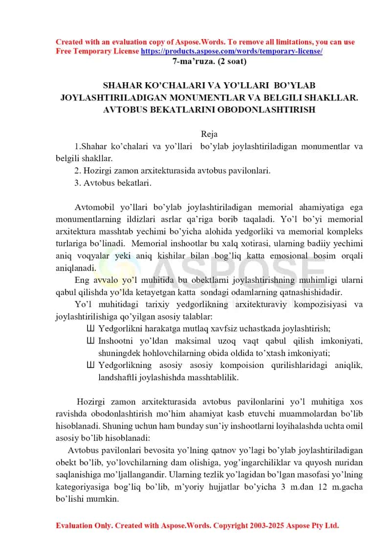 7-ma’ruza: Shahar ko‘chalari va yo‘llari bo‘ylab joylashtiriladigan monumentlar va avtobus bekatlarini obodonlashtirish