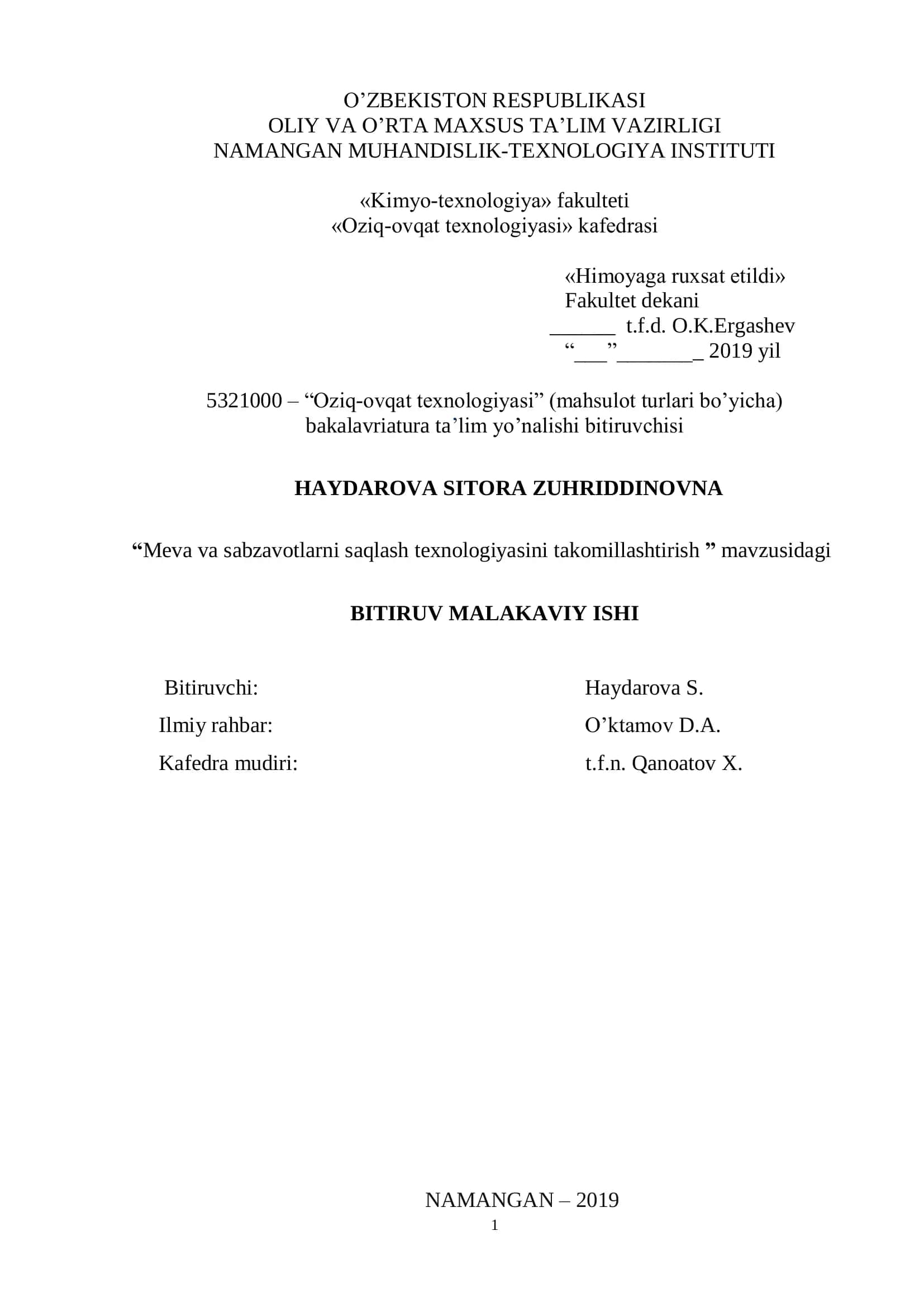 Meva va sabzavotlarni saqlash texnologiyasini takomillashtirish