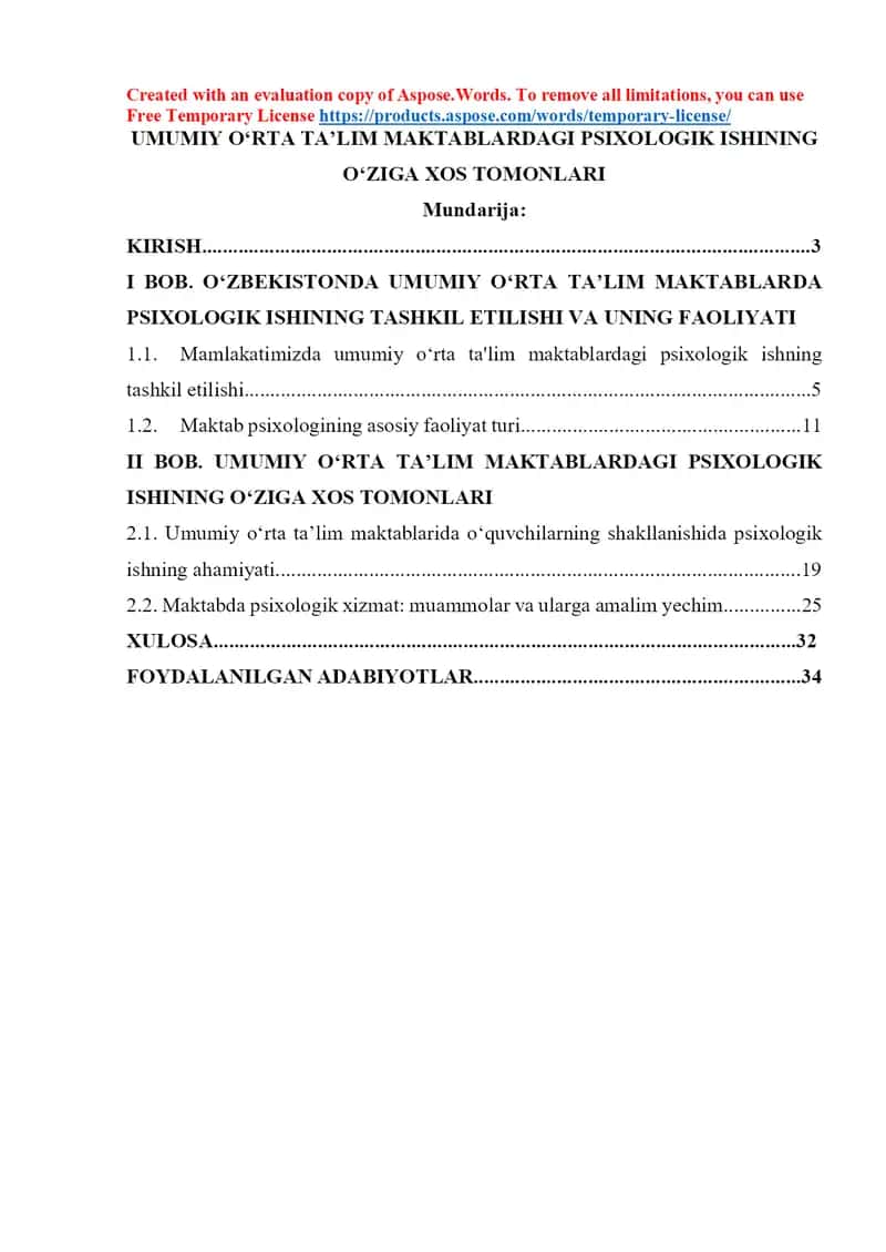 Umumiy o‘rta ta’lim maktablardagi psixologik ishining o‘ziga xos tomonlari
