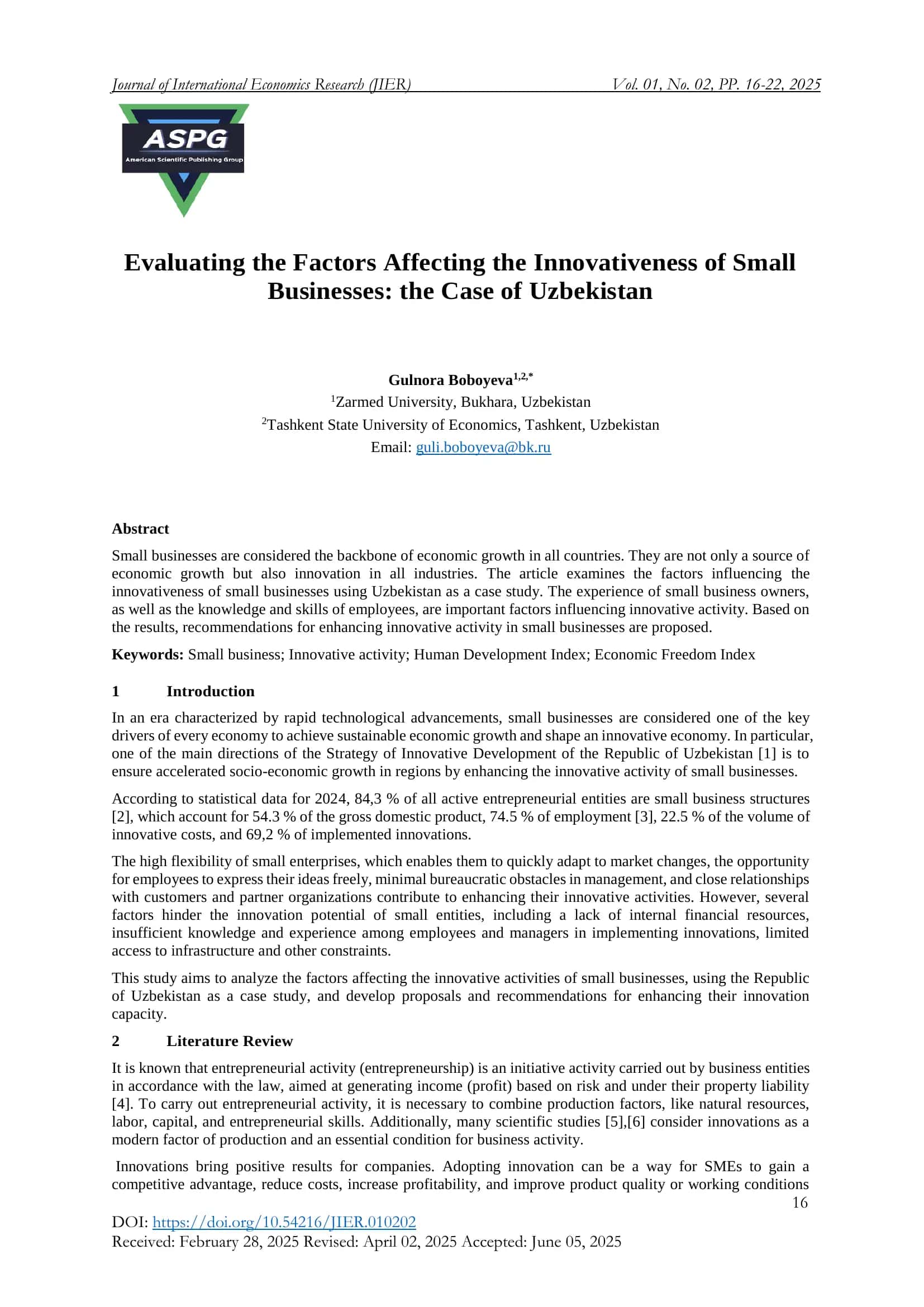 Evaluating the Factors Affecting the Innovativeness of Small  Businesses: the Case of Uzbekistan