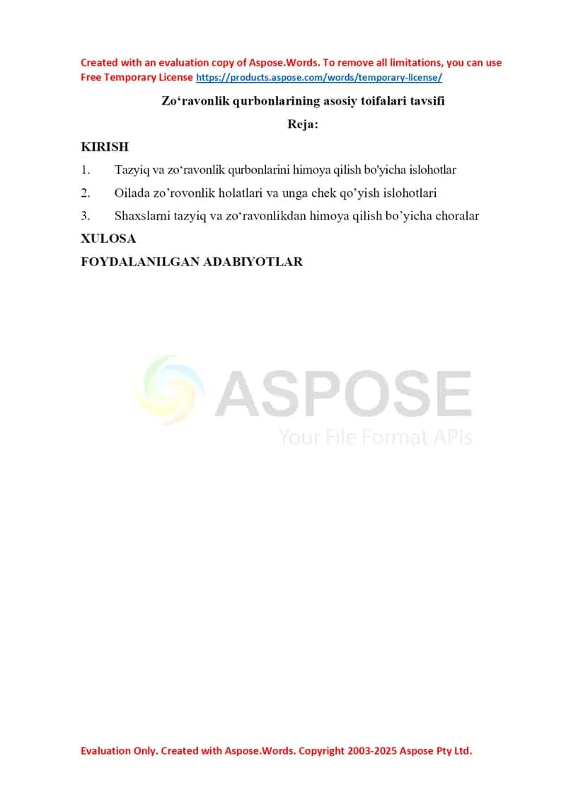 Zoʻravonlik qurbonlarining asosiy toifalari tavsifi