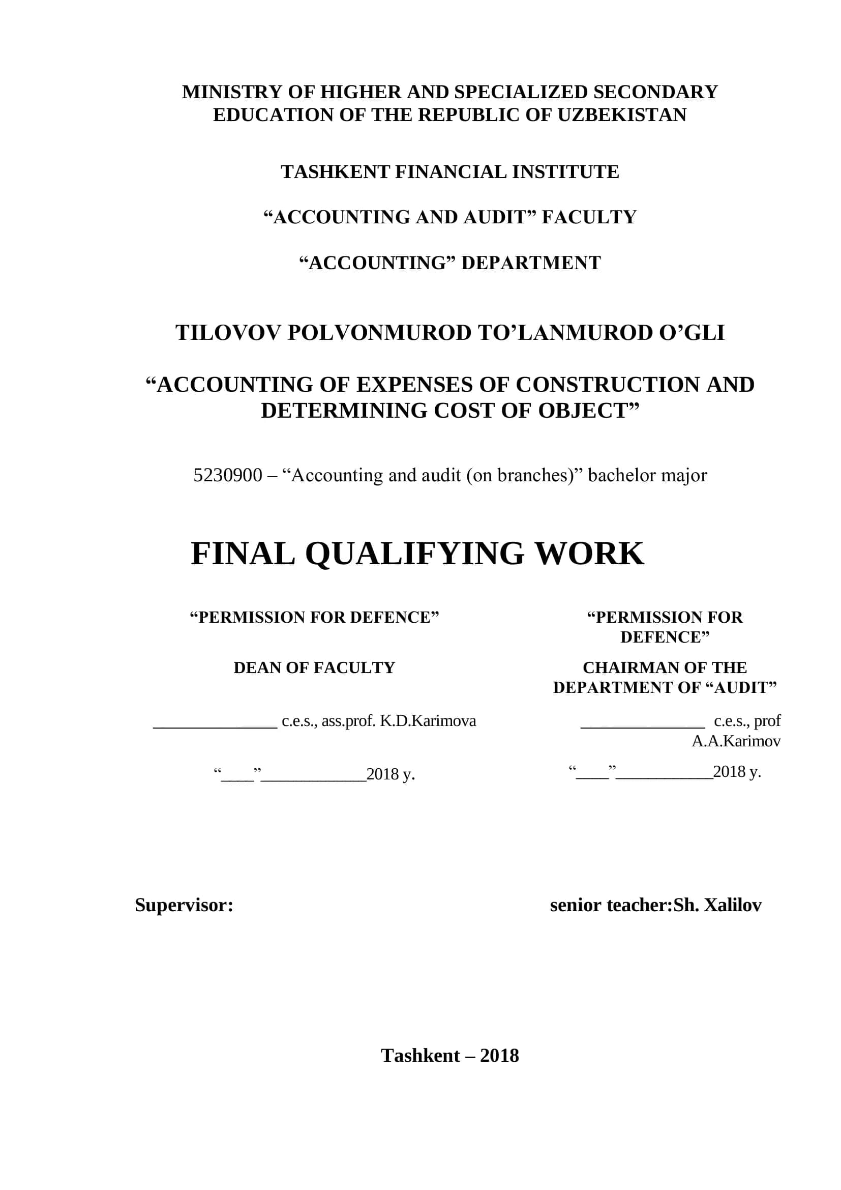 Accounting of Expenses of Construction and Determining Cost of Object
