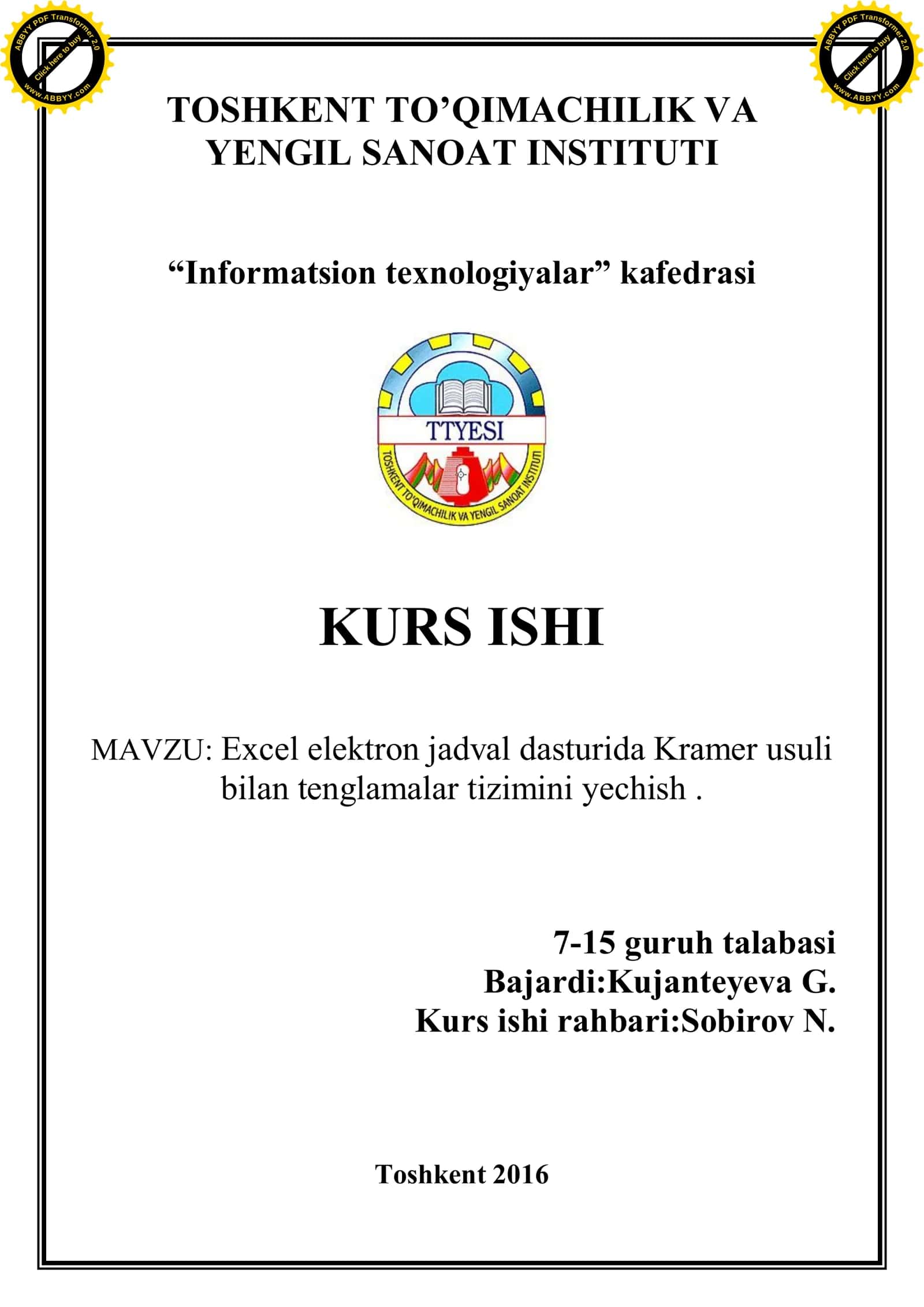 Excel elektron jadval dasturida Kramer usuli bilan tenglamalar tizimini yechish