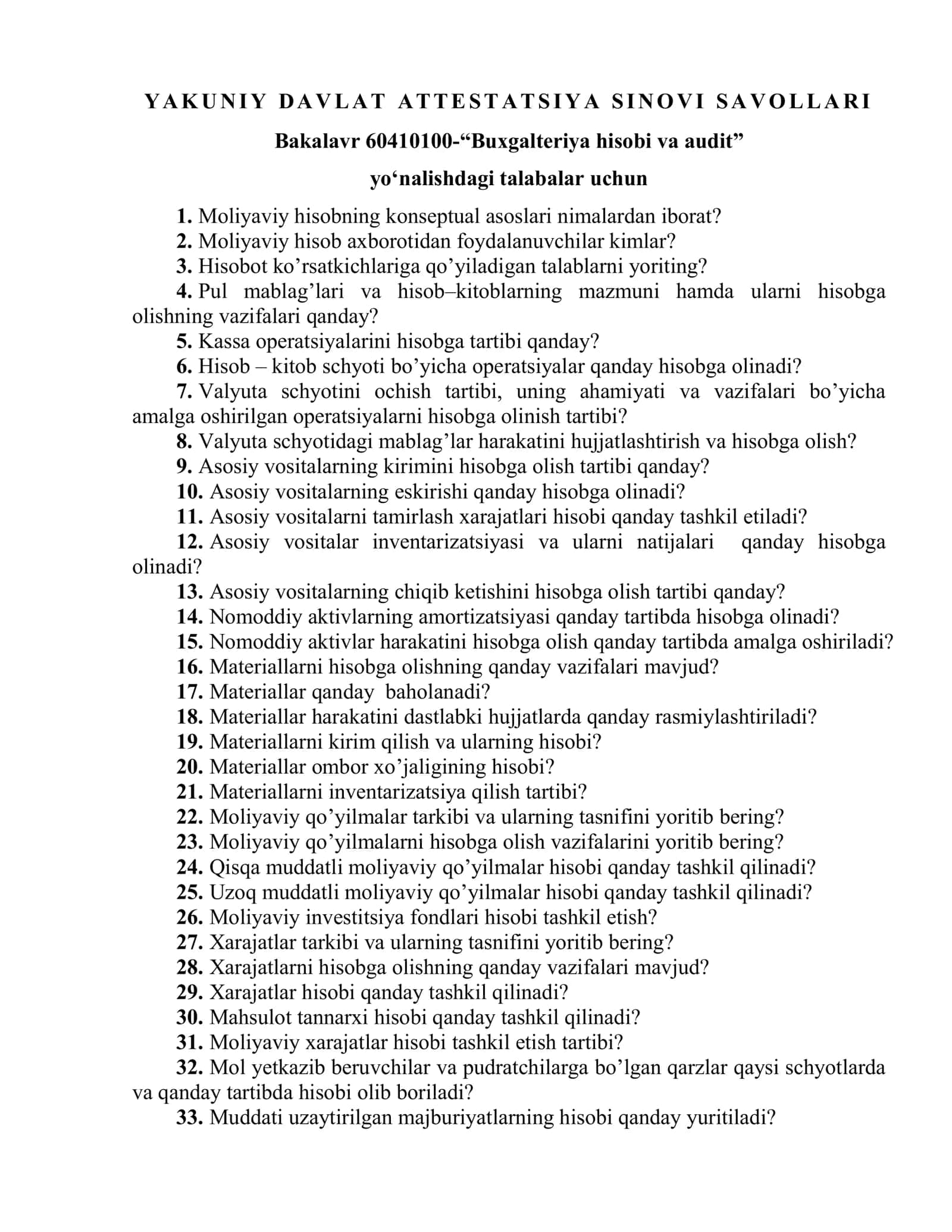 Buxgalteriya hisobi va audit”  yo‘nalishdagi talabalar uchun