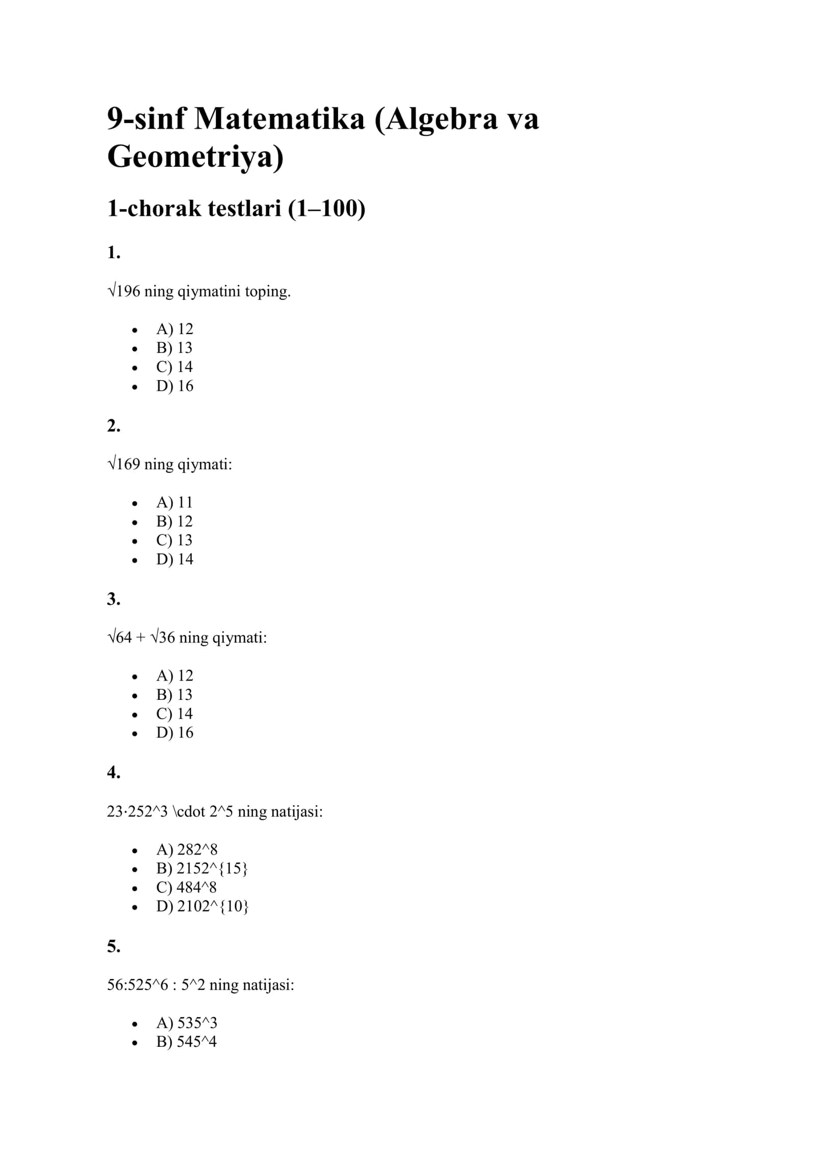 [9-sinf Matematika (Algebra va Geometriya) 1-chorak testlari (1–100)]