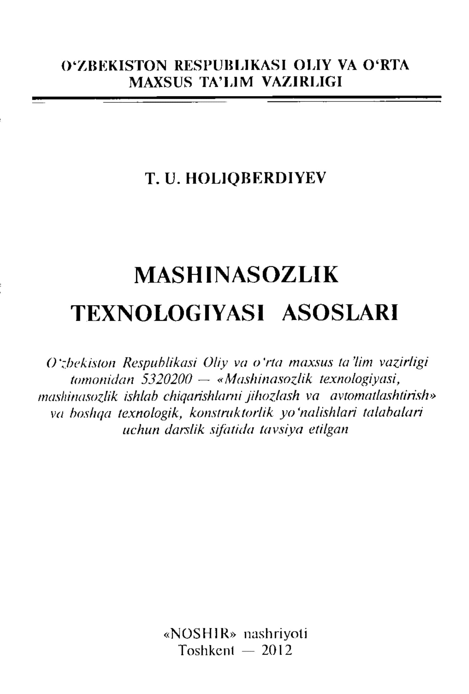 MASHINASOZLIK TEXNOLOGTYASI ASOSLARI darslik
