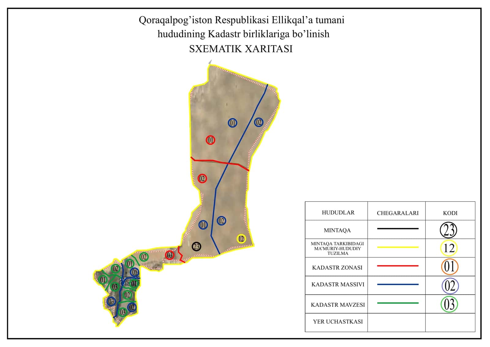 Qoraqalpog’iston Respublikasi Ellikqal’a tumani hududining Kadastr birliklariga bo’linish SXEMATIK XARITASI