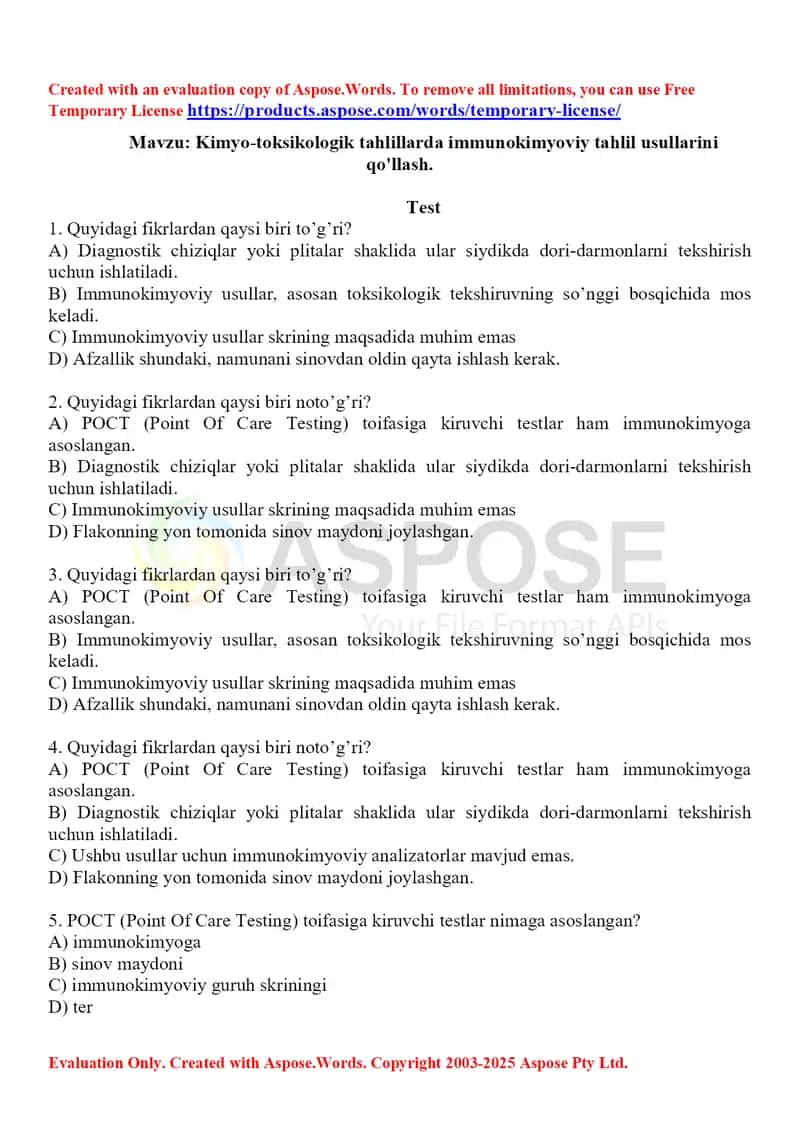 14. Kimyo-toksikologik tahlillarda immunokimyoviy tahlil usullarini qo'llash. Test 15 ta.