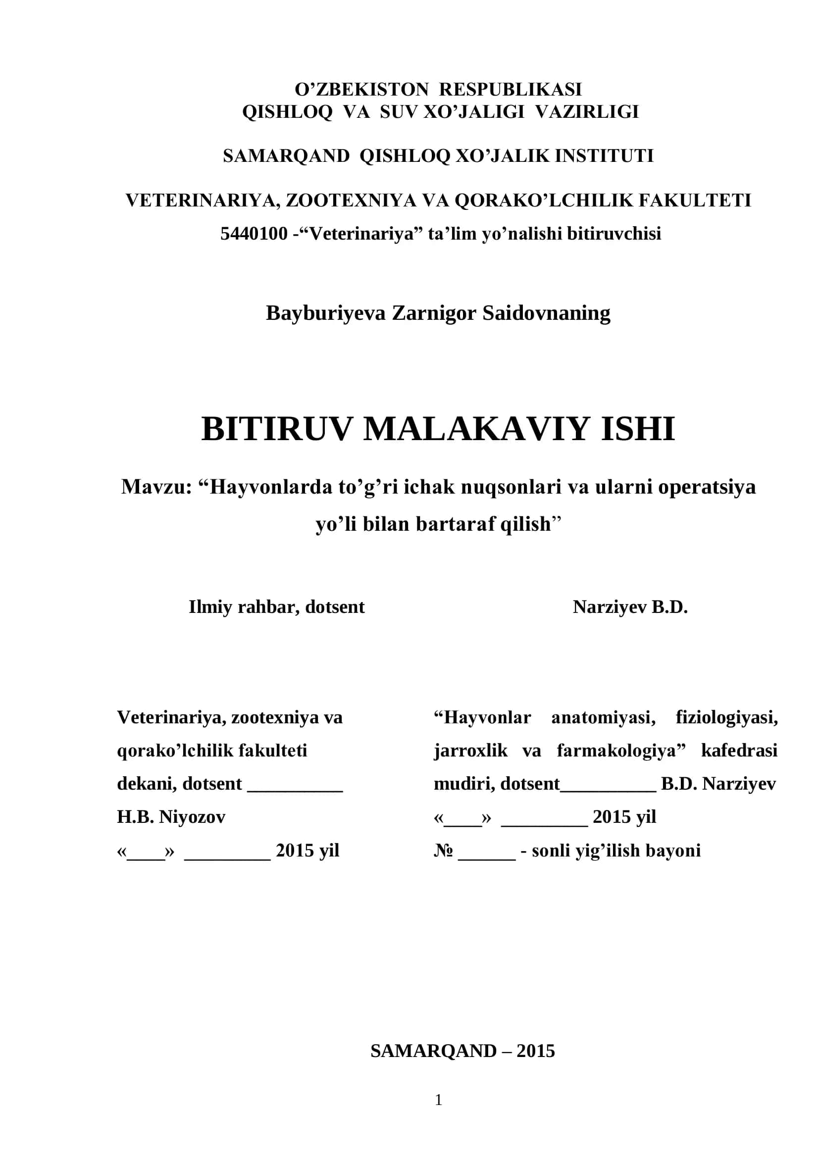Veterinariya bitiruv malakaviy ishi