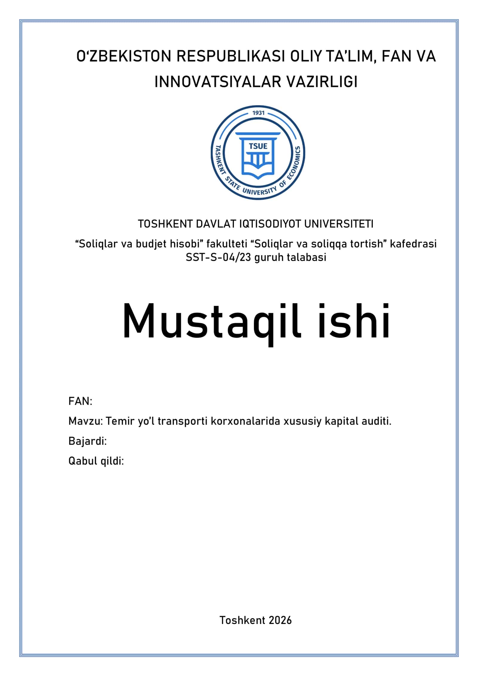 Temir yo’l transporti korxonalarida xususiy kapital auditi