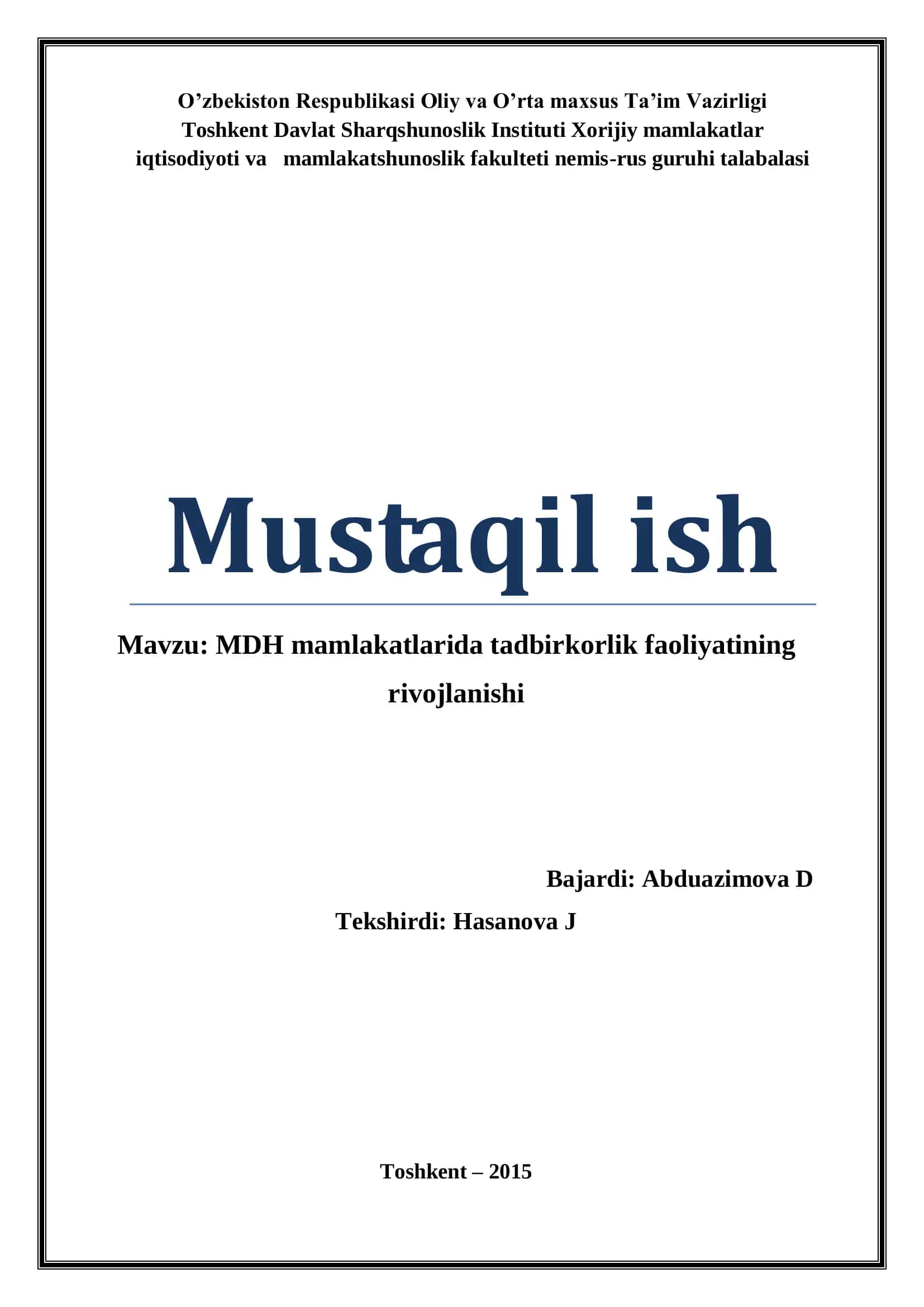 MDH mamlakatlarida tadbirkorlik faoliyatining rivojlanishi