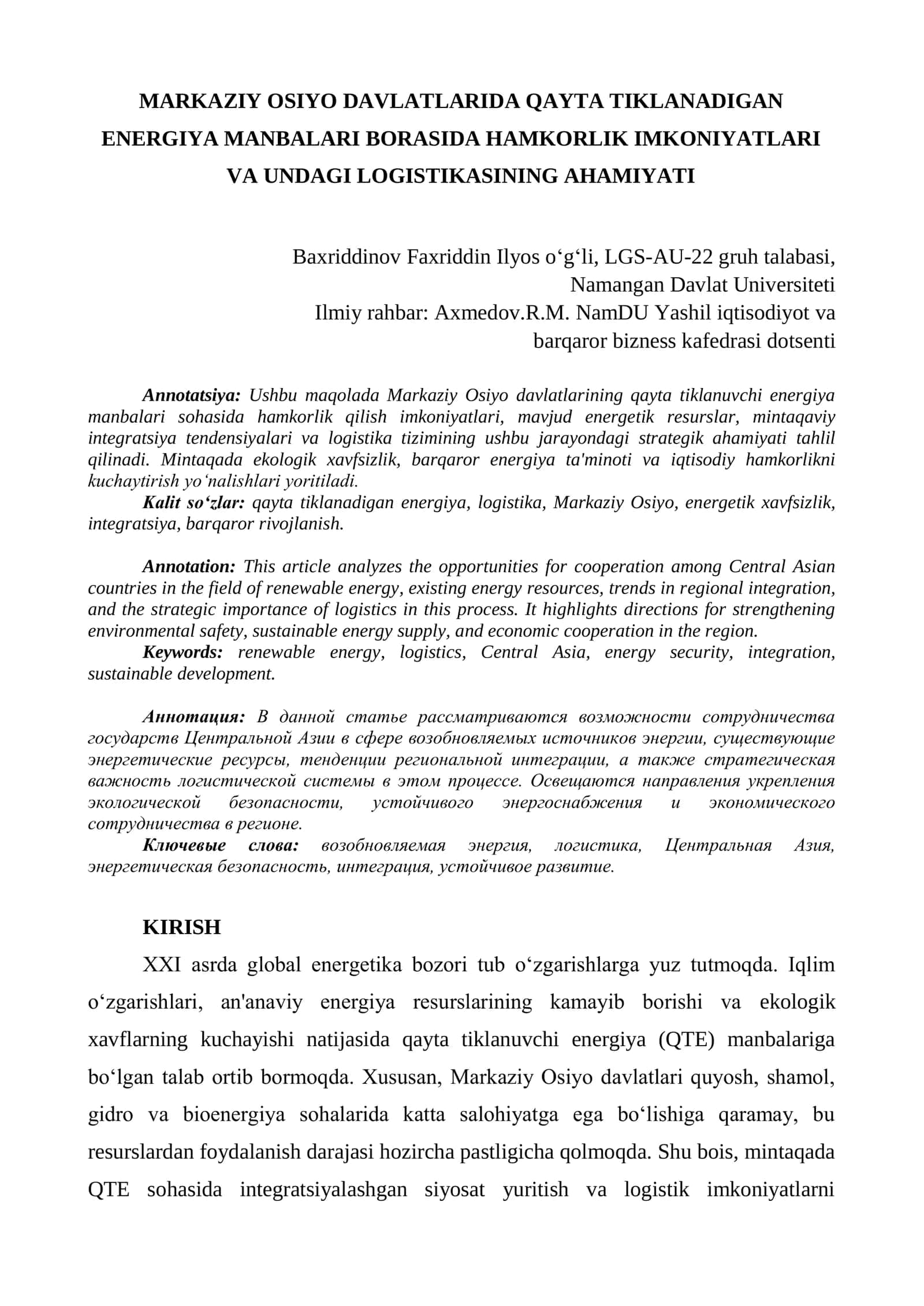MARKAZIY OSIYO DAVLATLARIDA QAYTA TIKLANADIGAN ENERGIYA MANBALARI BORASIDA HAMKORLIK IMKONIYATLARI VA UNDAGI LOGISTIKASINING AHAMIYATI
