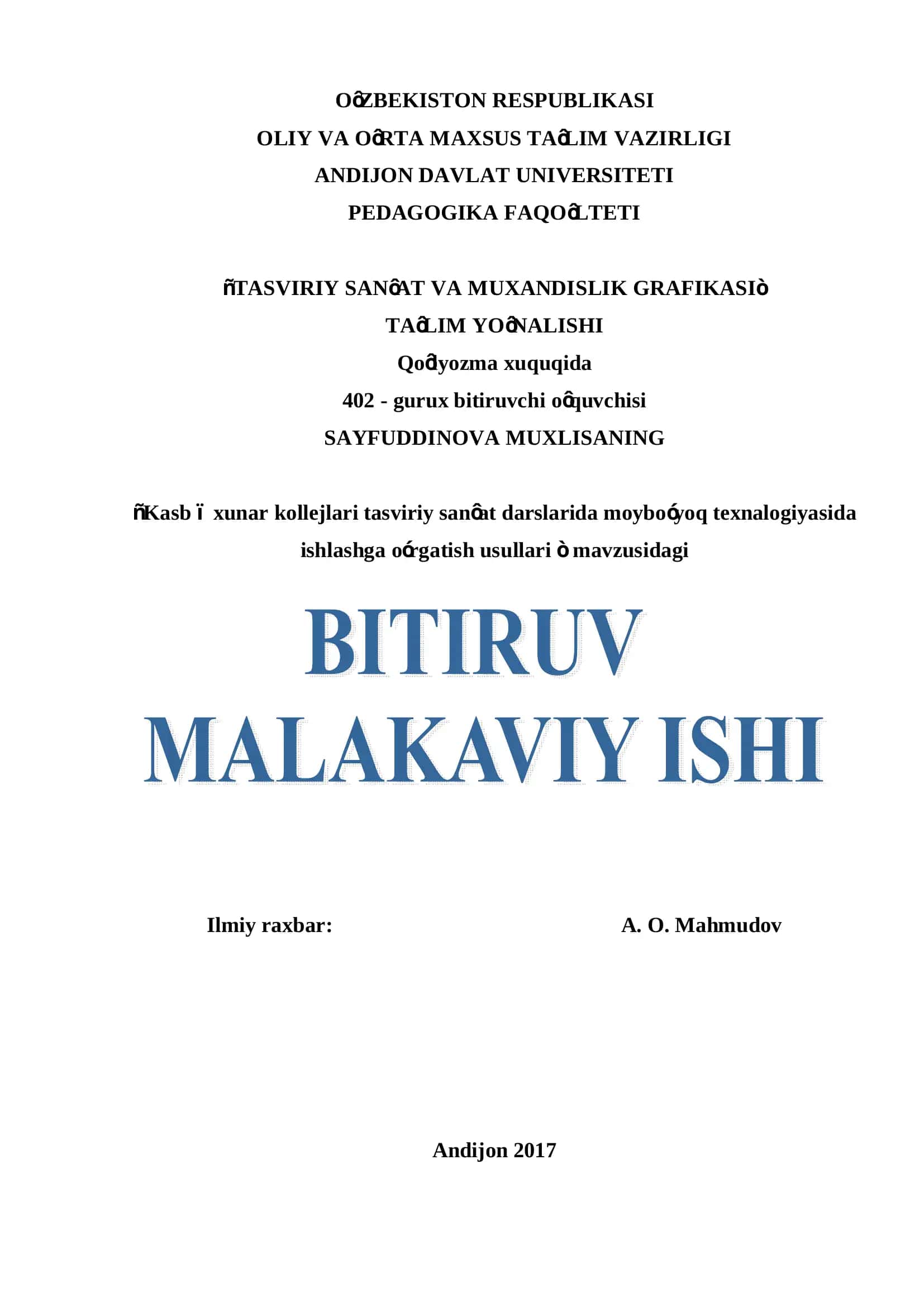 “Kasb – xunar kollejlari tasviriy san’at darslarida moybo‘yoq texnalogiyasida