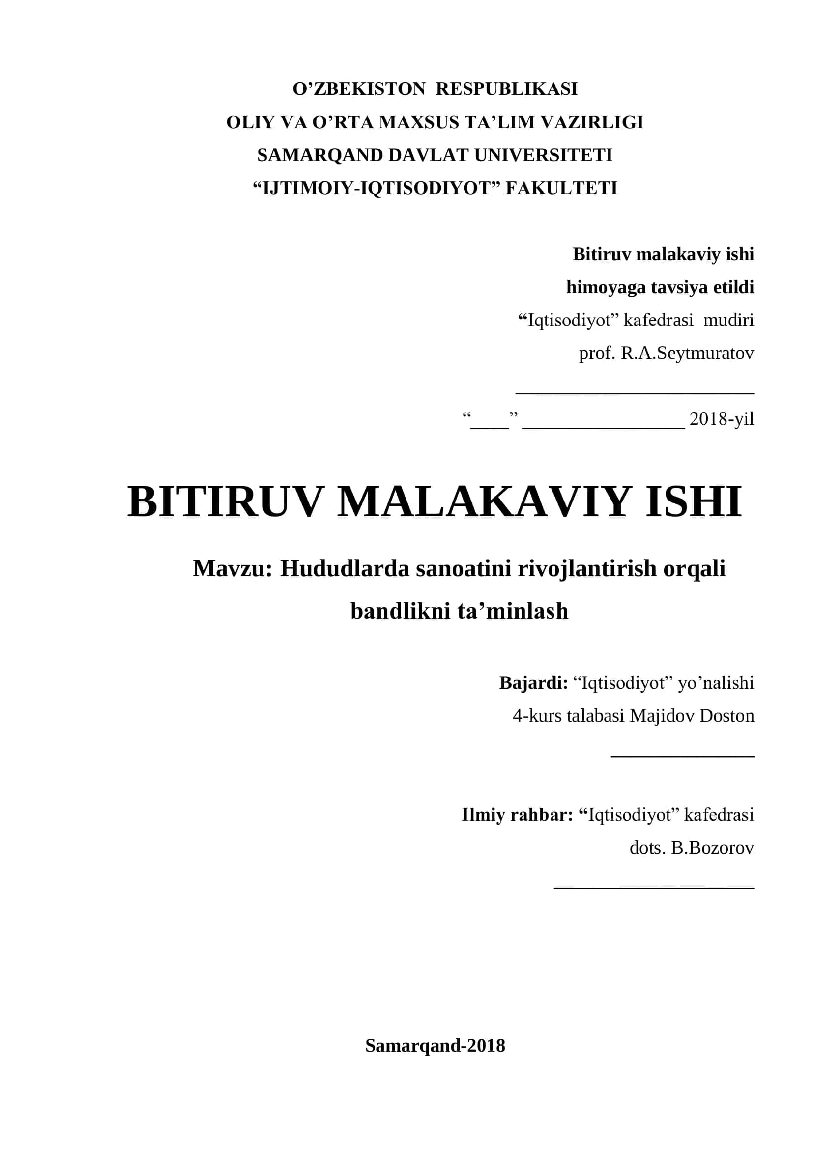 Hududlarda sanoatni rivojlantirish orqali bandlikni ta'minlash