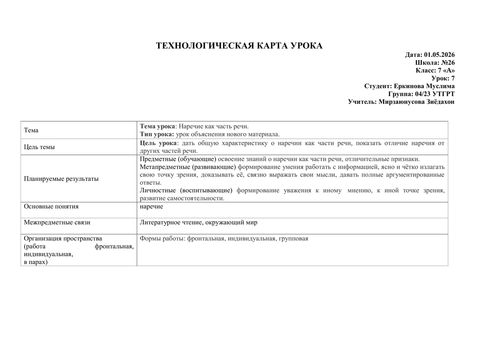 Наречие как часть речи ТЕХНОЛОГИЧЕСКАЯ КАРТА УРОКА