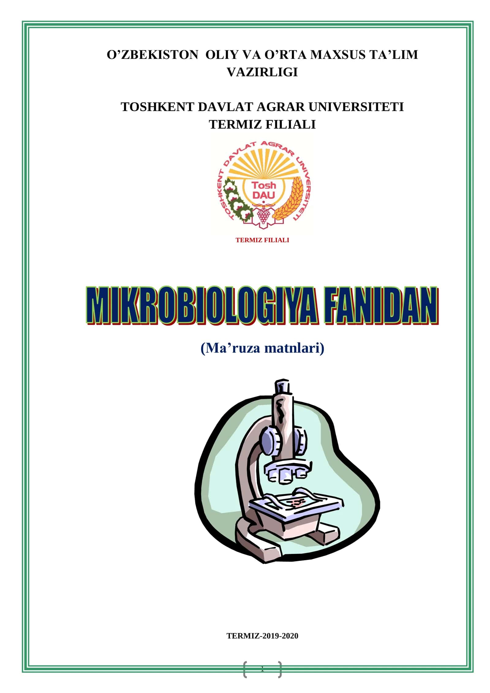 Ma’ruza matnlari: Mikrobiologiya