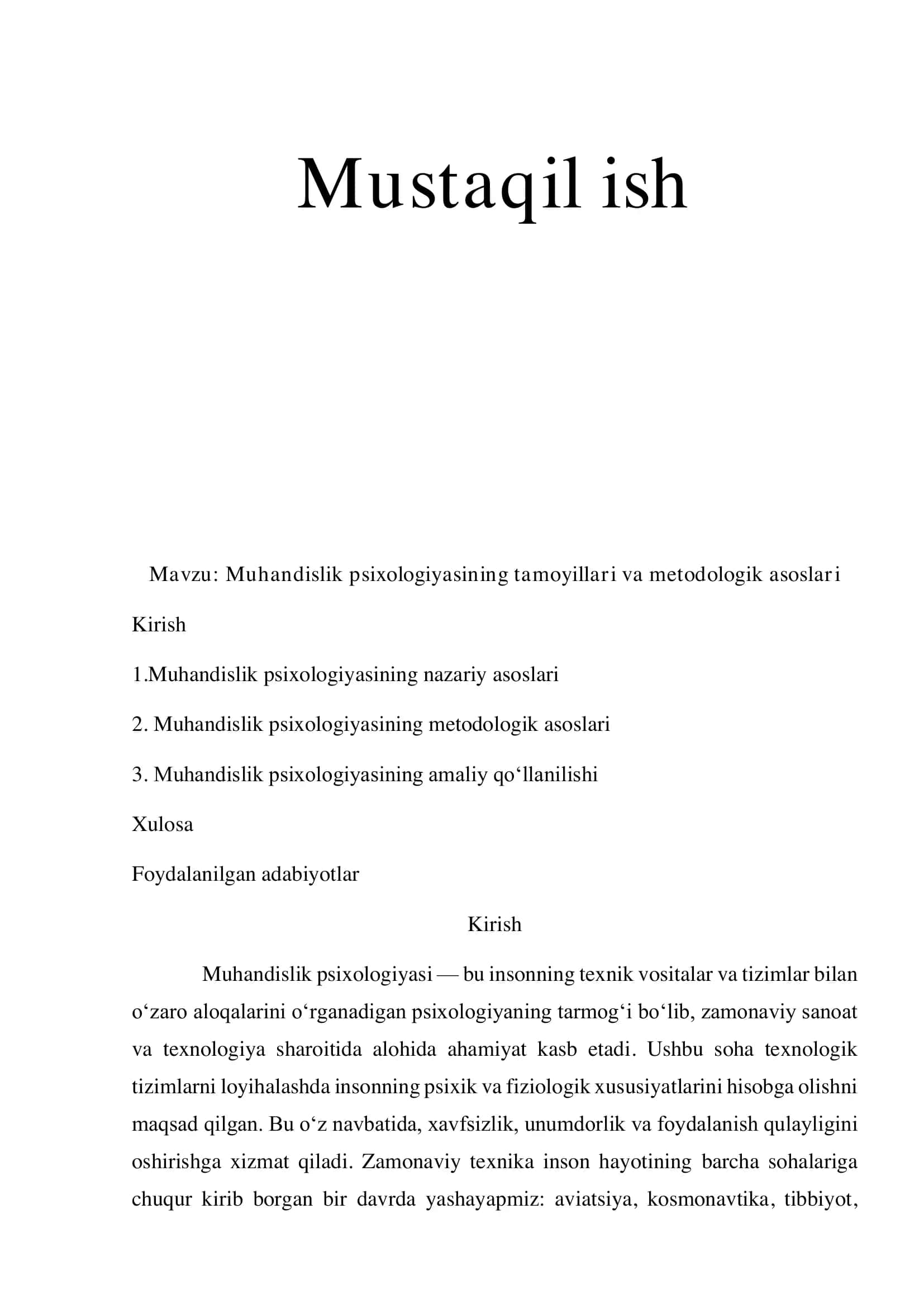 Muhandislik psixologiyasining tamoyillari va metodologik asoslari