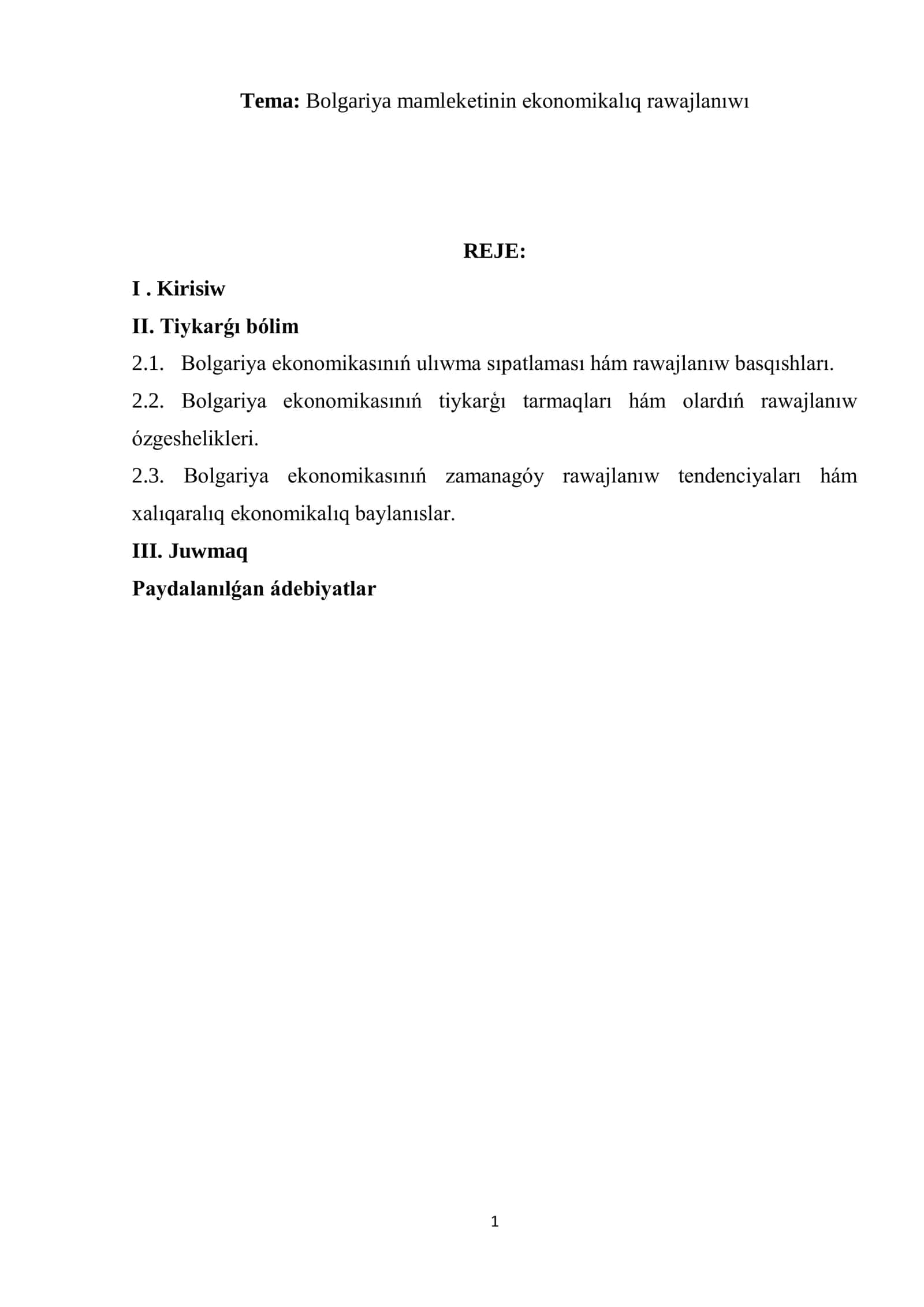 Bolgariya mamleketinin ekonomikalıq rawajlanıwı