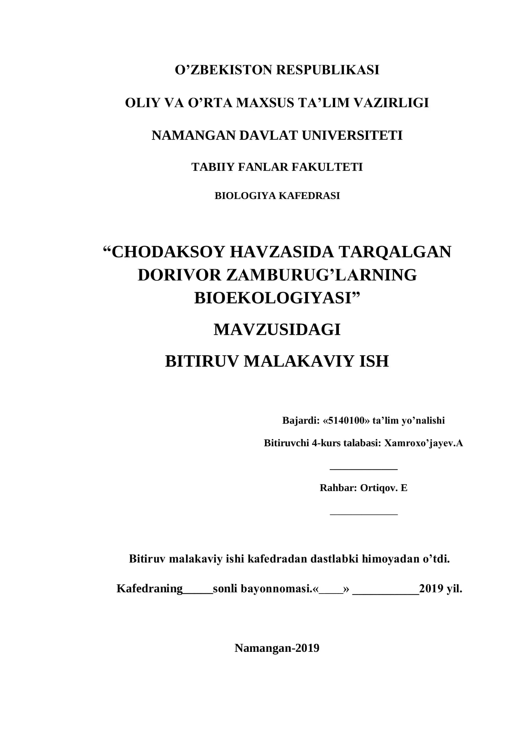 CHODAKSOY HAVZASIDA TARQALGAN DORIVOR ZAMBURUG‟LARNING BIOEKOLOGIYASI