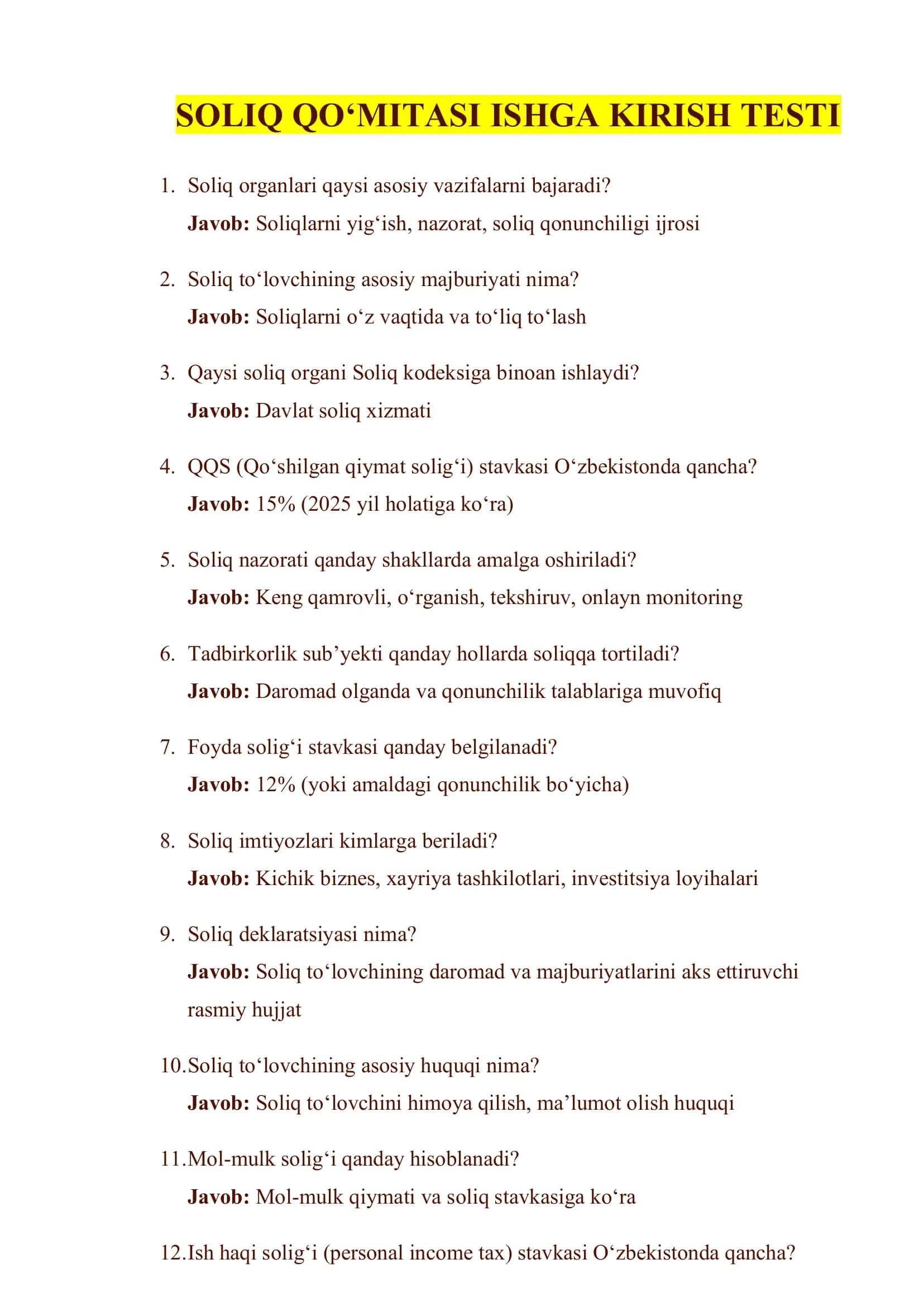 Soliq Qo‘mitasi Ishga Kirish Testi
