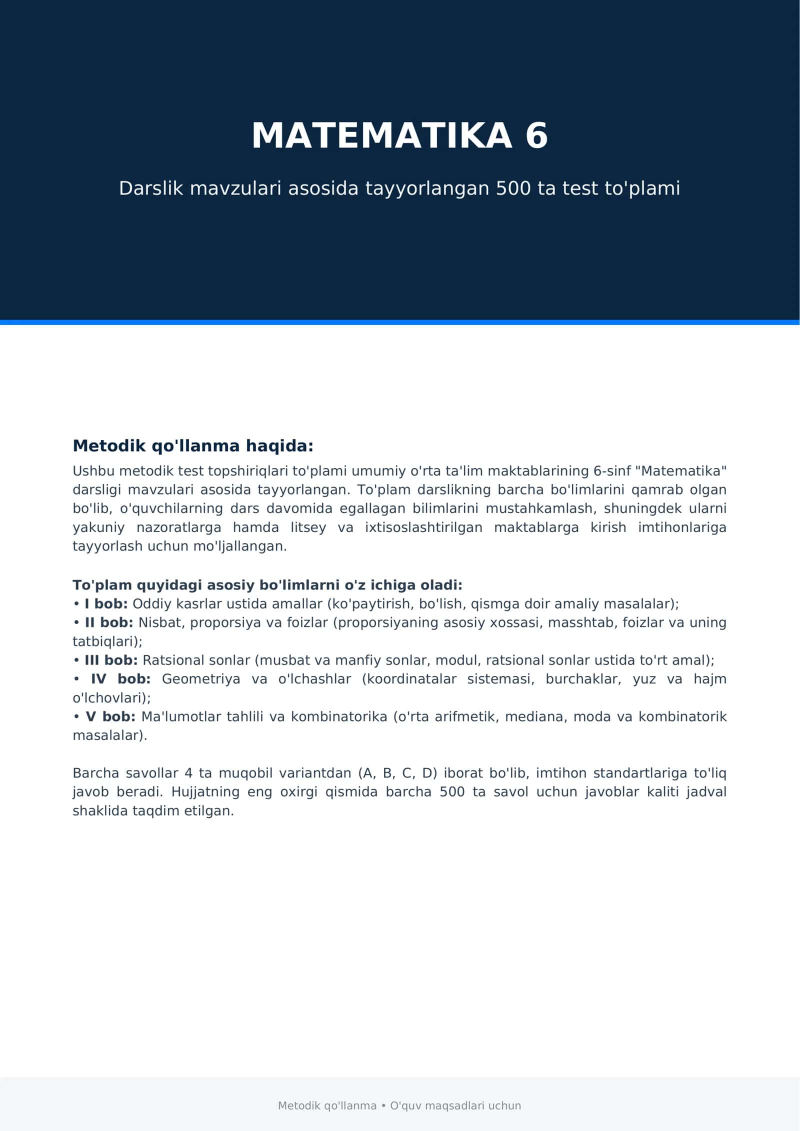 6-SINF MATEMATIKA | 500 TA TEST + TO‘LIQ JAVOBLAR | BILIMNI MUSTAHKAMLASH UCHUN PDF