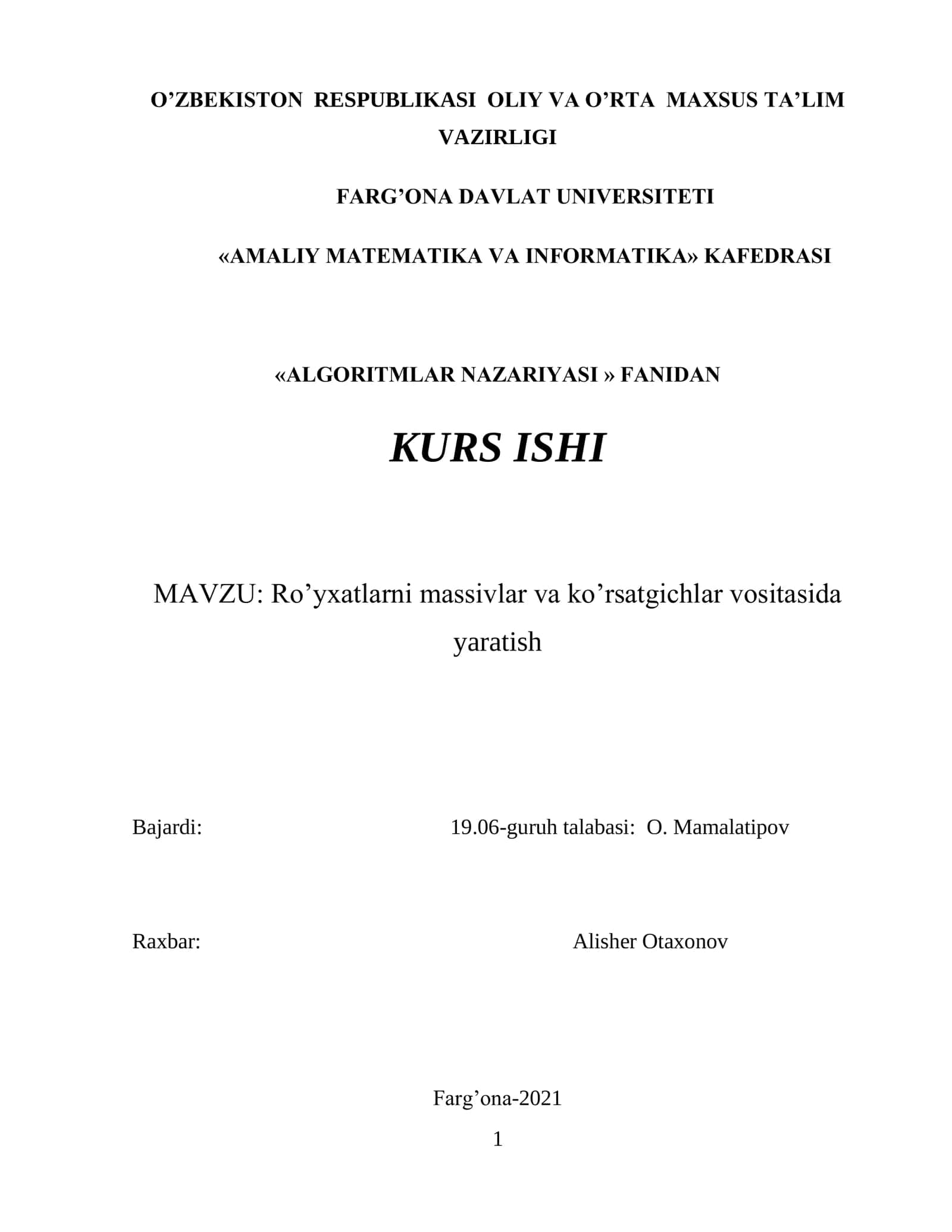 Ro‘yxatlarni massivlar va ko‘rsatgichlar vositasida yaratish