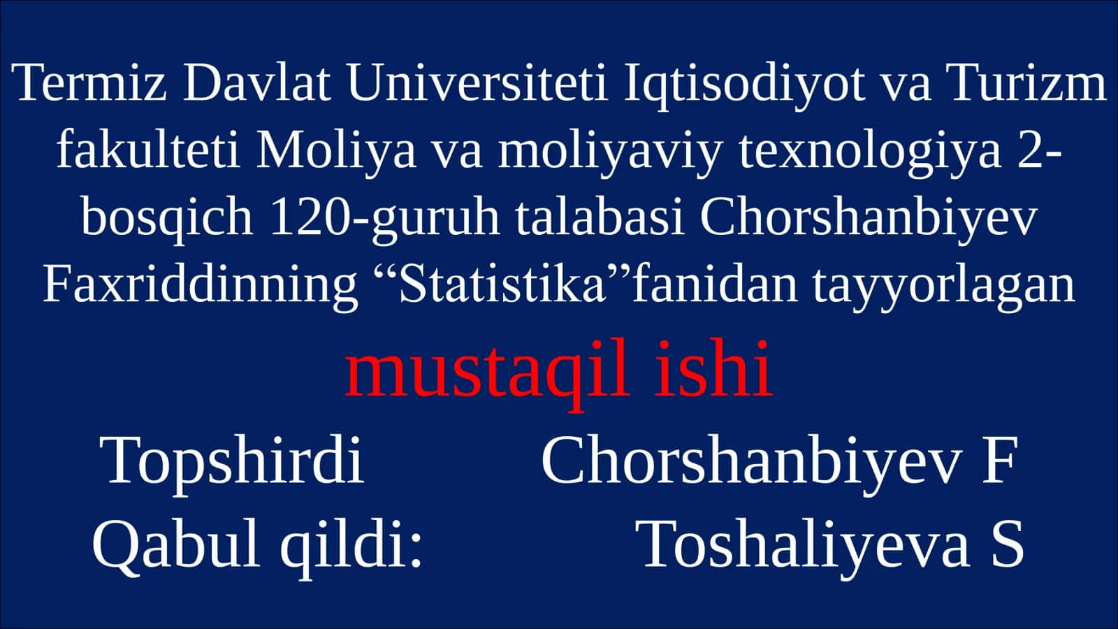 Mavzu: Pul moumalasi va kredit statistikasi