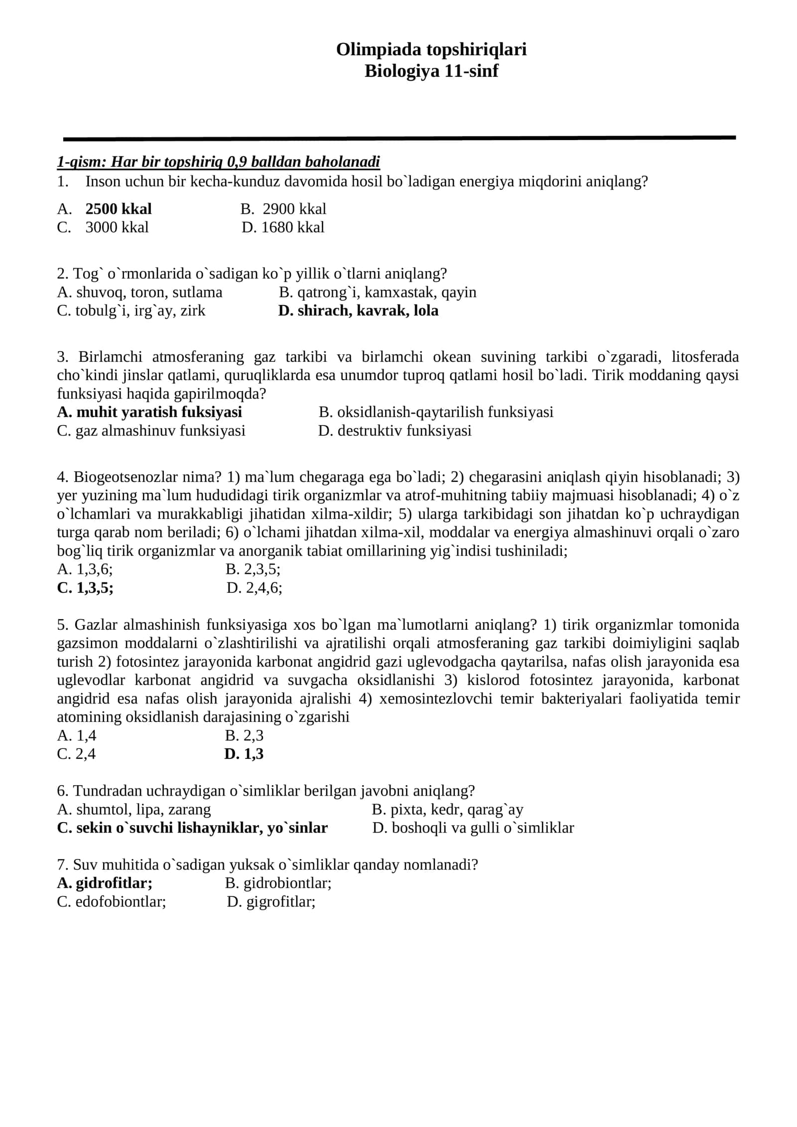Biologiya fanidan 11-sinflar uchun test savol javoblari bilan