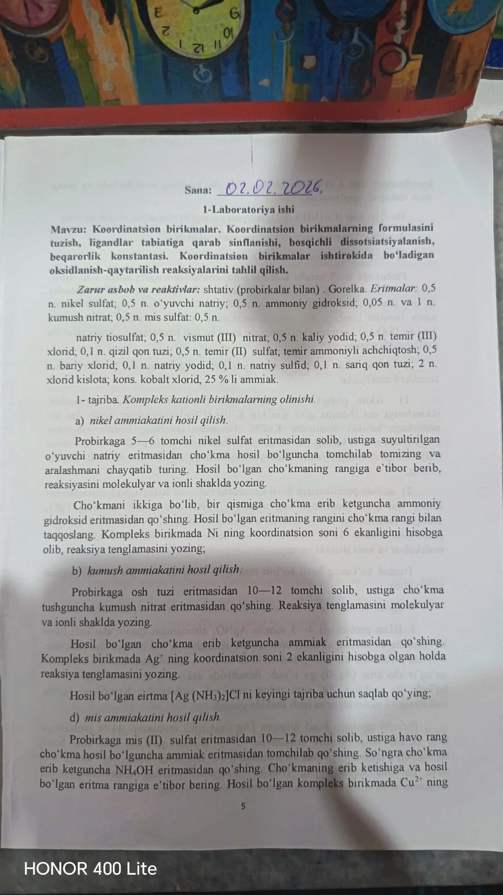 Kimyodan Laboratoriya savollari javoblari bilan birga