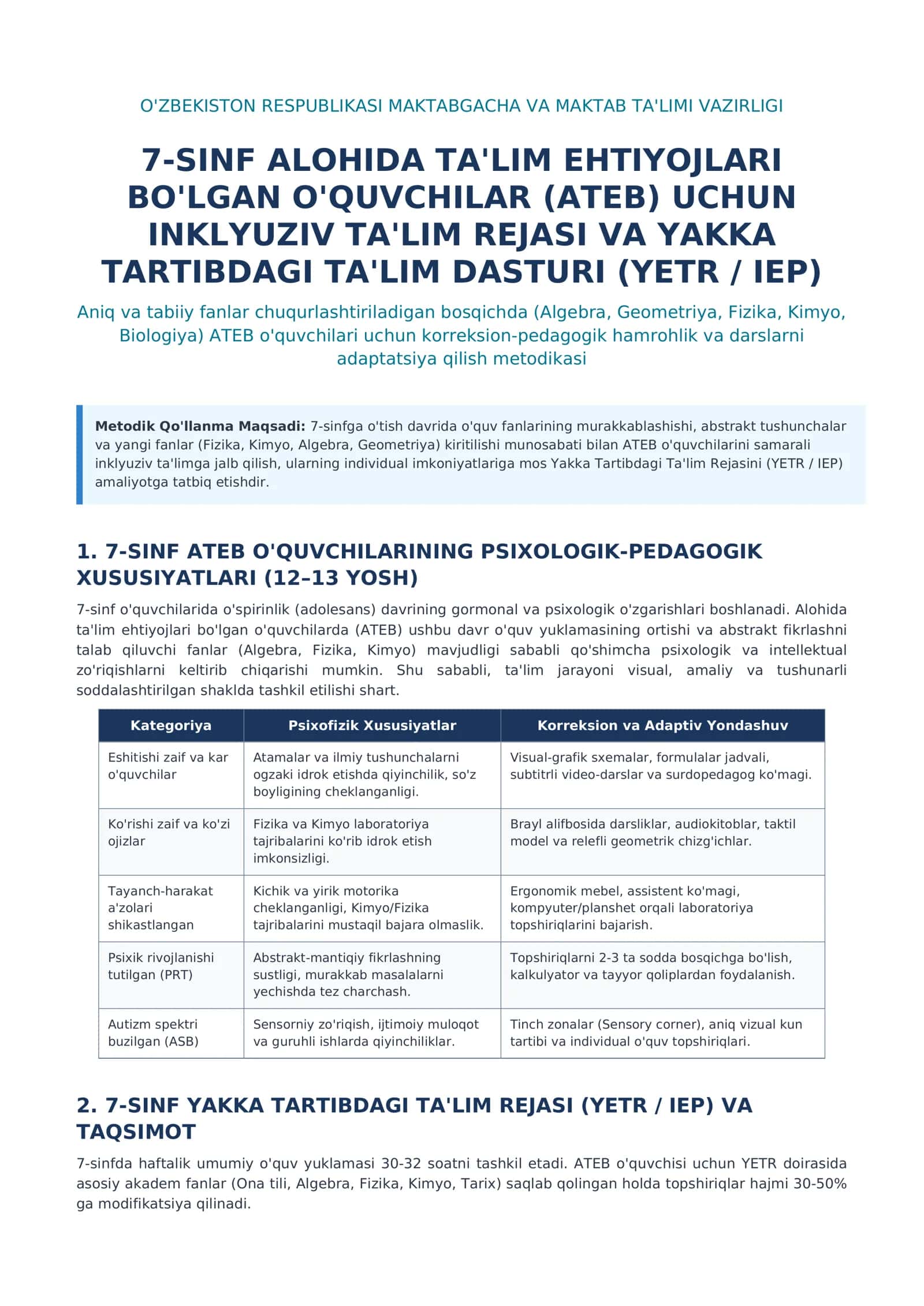 Aniq va tabiiy fanlar chuqurlashtiriladigan bosqichda ATEB o'quvchilari uchun korreksion-pedagogik hamrohlik va darslarni adaptatsiya qilish metodikasi