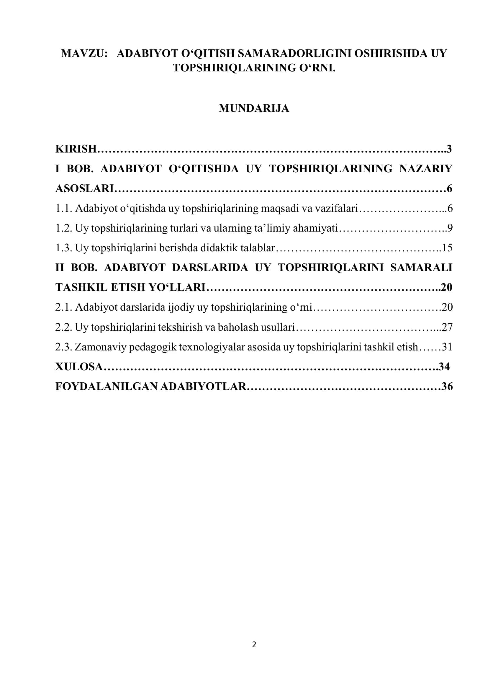 ADABIYOT O‘QITISH SAMARADORLIGINI OSHIRISHDA UY TOPSHIRIQLARINING O‘RNI