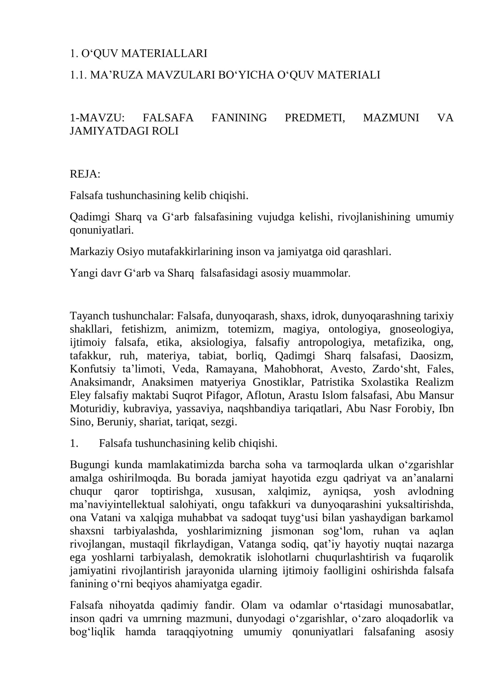 FALSAFA FANINING PREMDETI, MAZMUNI VA JAMIYATDAGI ROLI