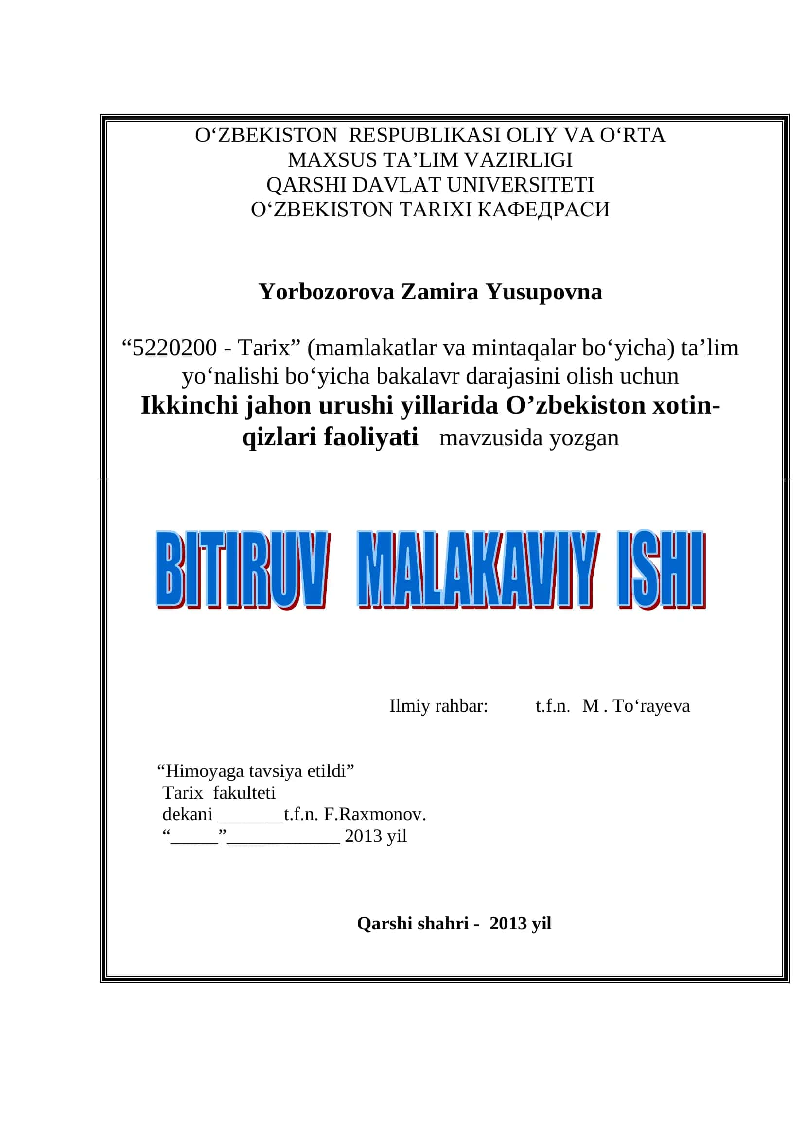Ikkinchi Jahon Urushi Yillarida O’zbekiston Xotin-Qizlari Faoliyati