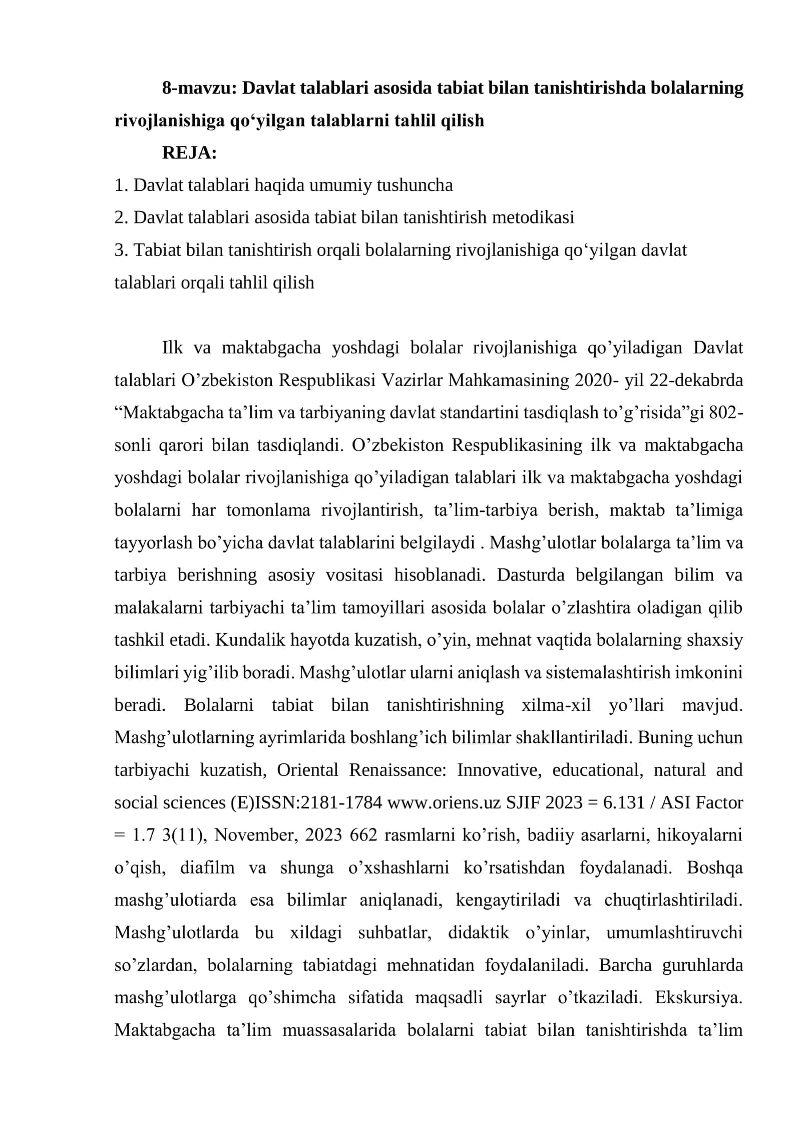 Davlat talablari asosida tabiat bilan tanishtirishda bolalarning rivojlanishiga qo‘yilgan talablarni tahlil qilish