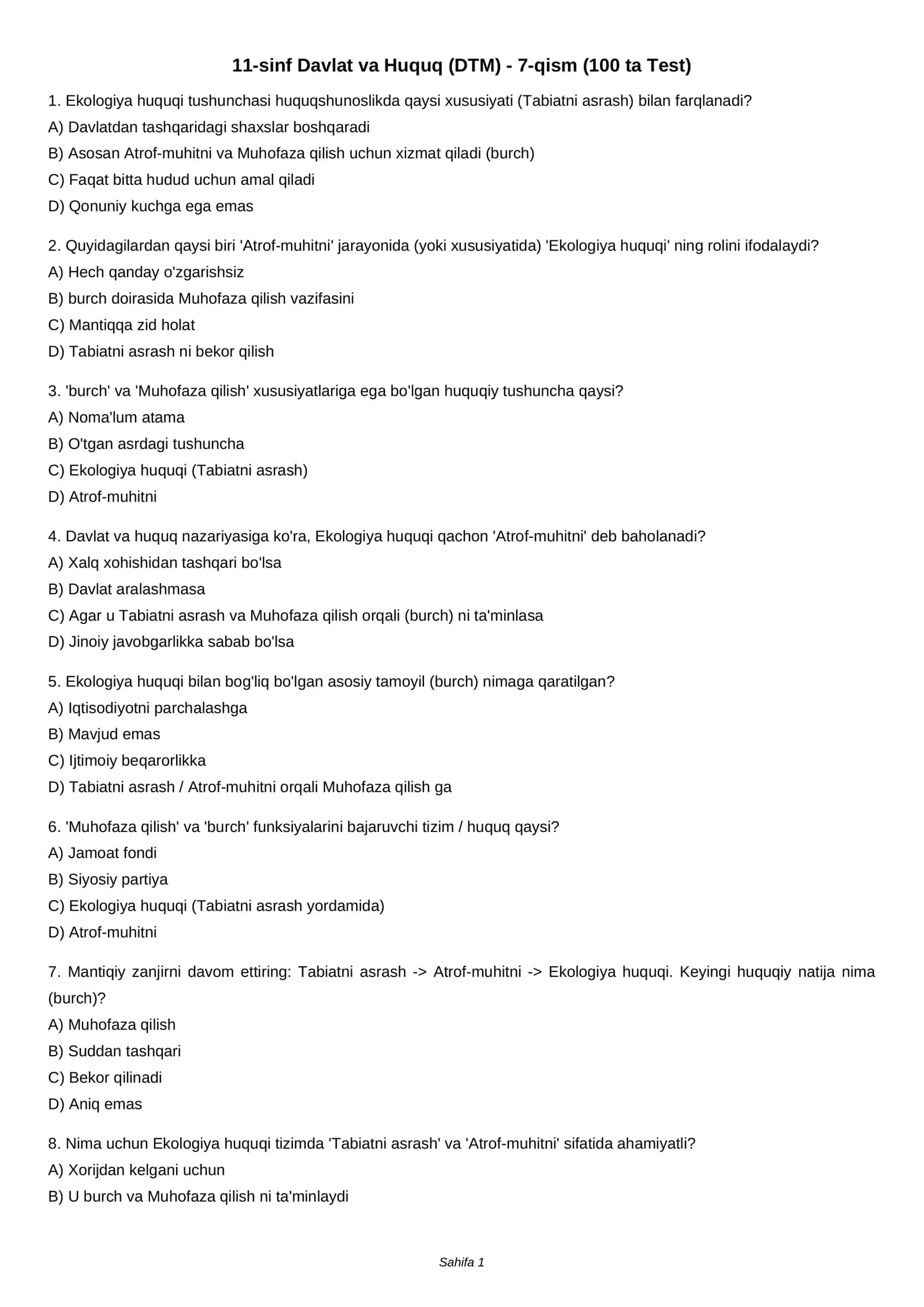 11-sinf Davlat va Huquq (DTM) - 7-qism (100 ta Test)