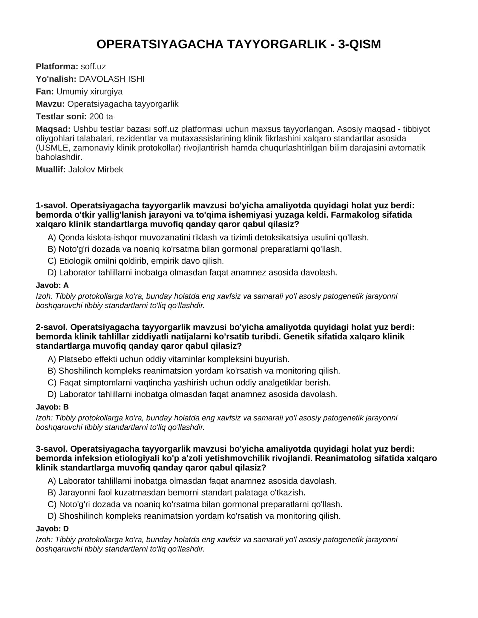 Operatsiyagacha tayyorgarlik - 3-QISM